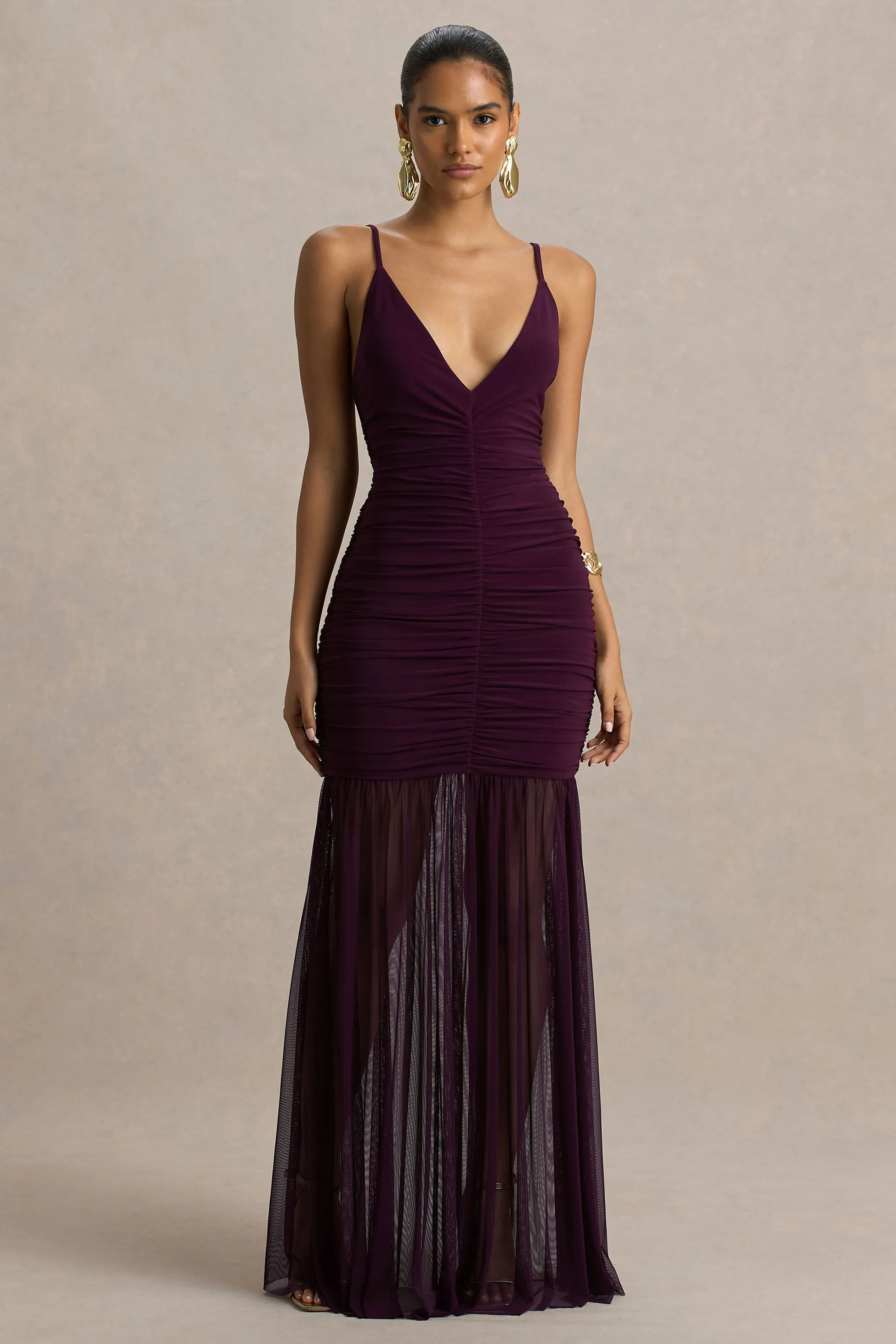 Pasqualina | Plum Ruched Plunge-Neck Maxi Dress sold by Club L London