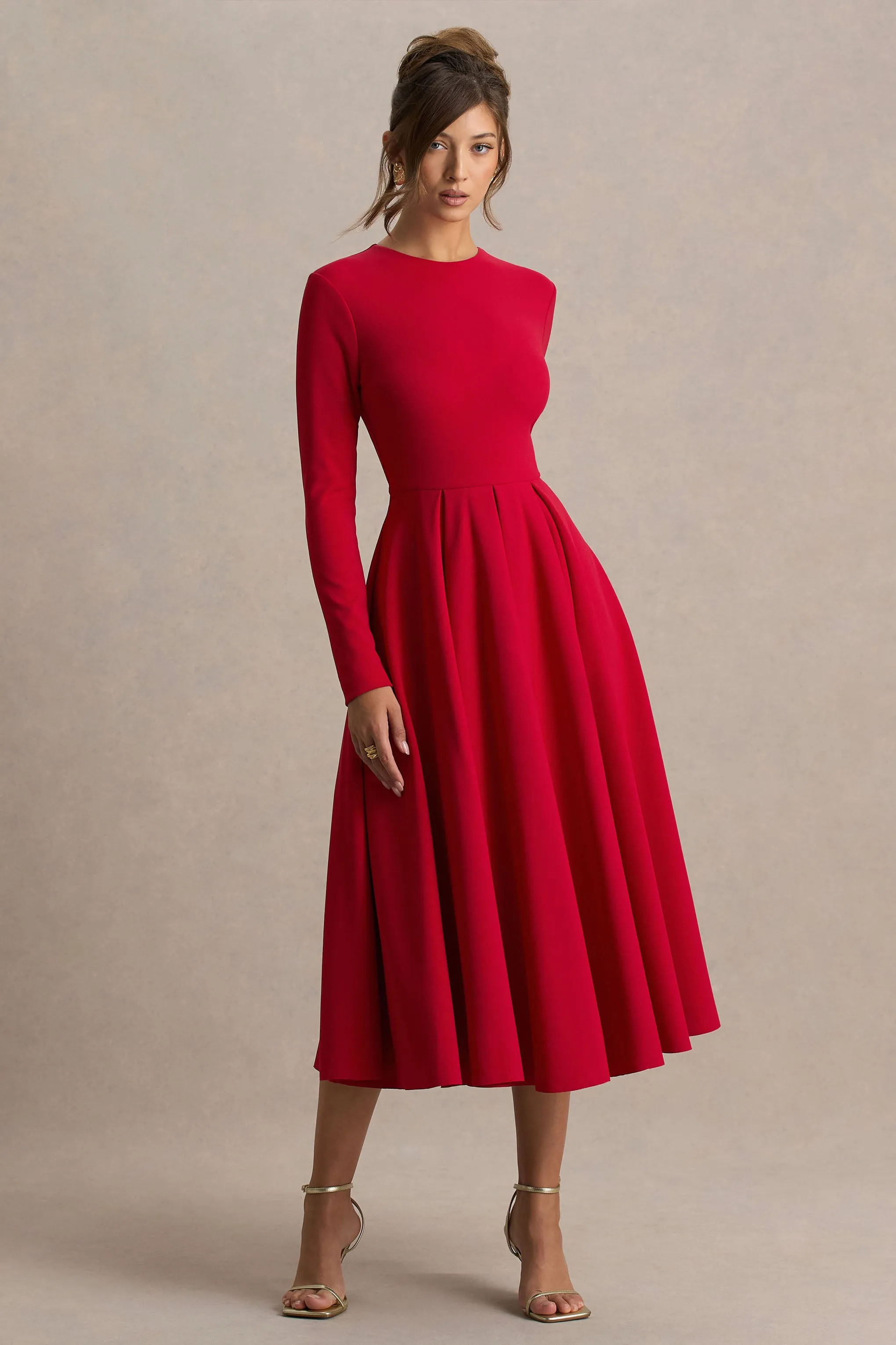 Bellamy | Red Crew-Neck Long-Sleeve Midi Dress sold by Club L London product image thumbnail 3