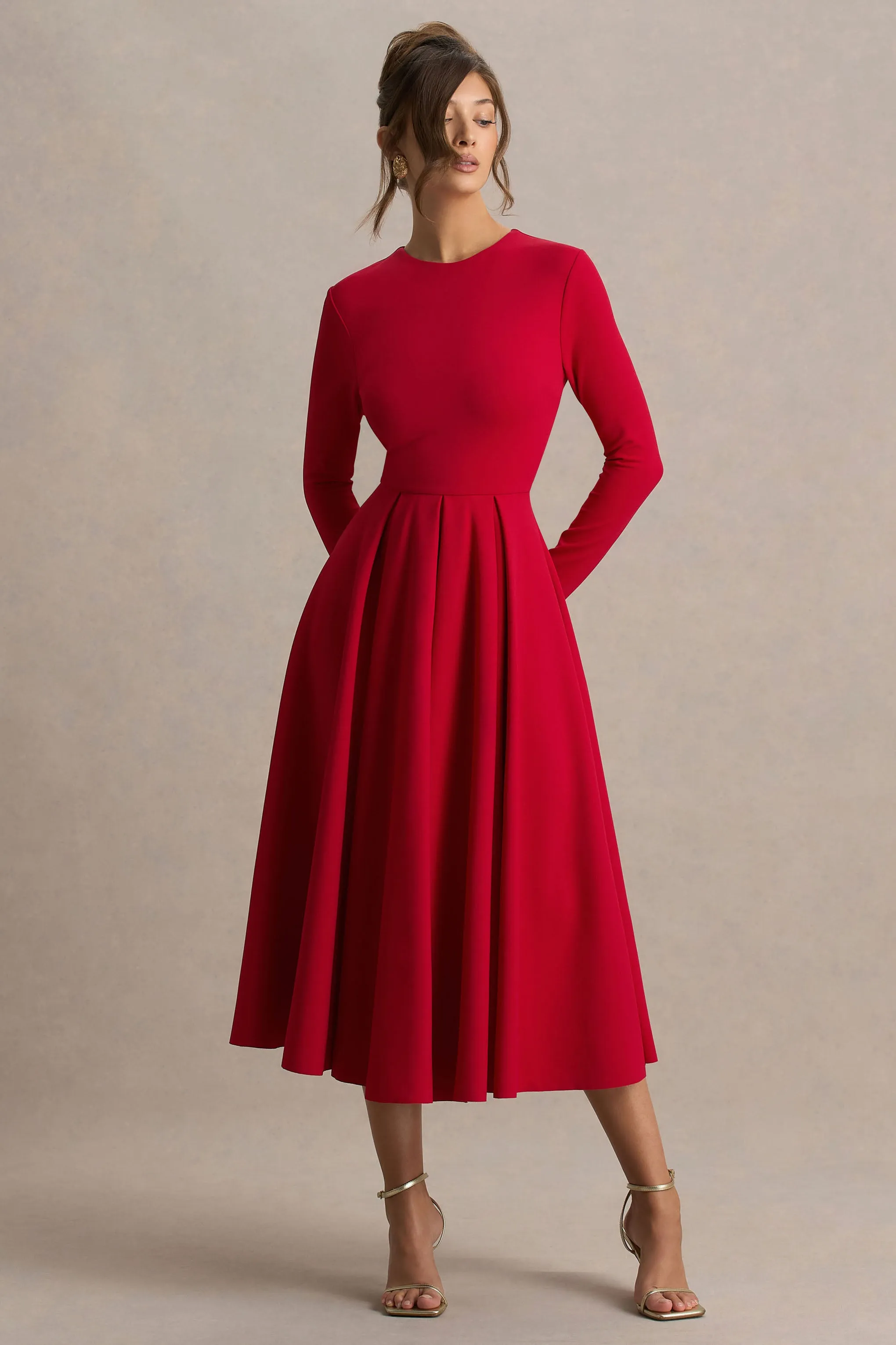 Bellamy | Red Crew-Neck Long-Sleeve Midi Dress sold by Club L London product image thumbnail 4