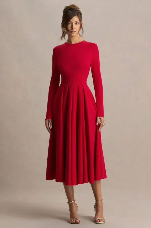 Bellamy | Red Crew-Neck Long-Sleeve Midi Dress sold by Club L London