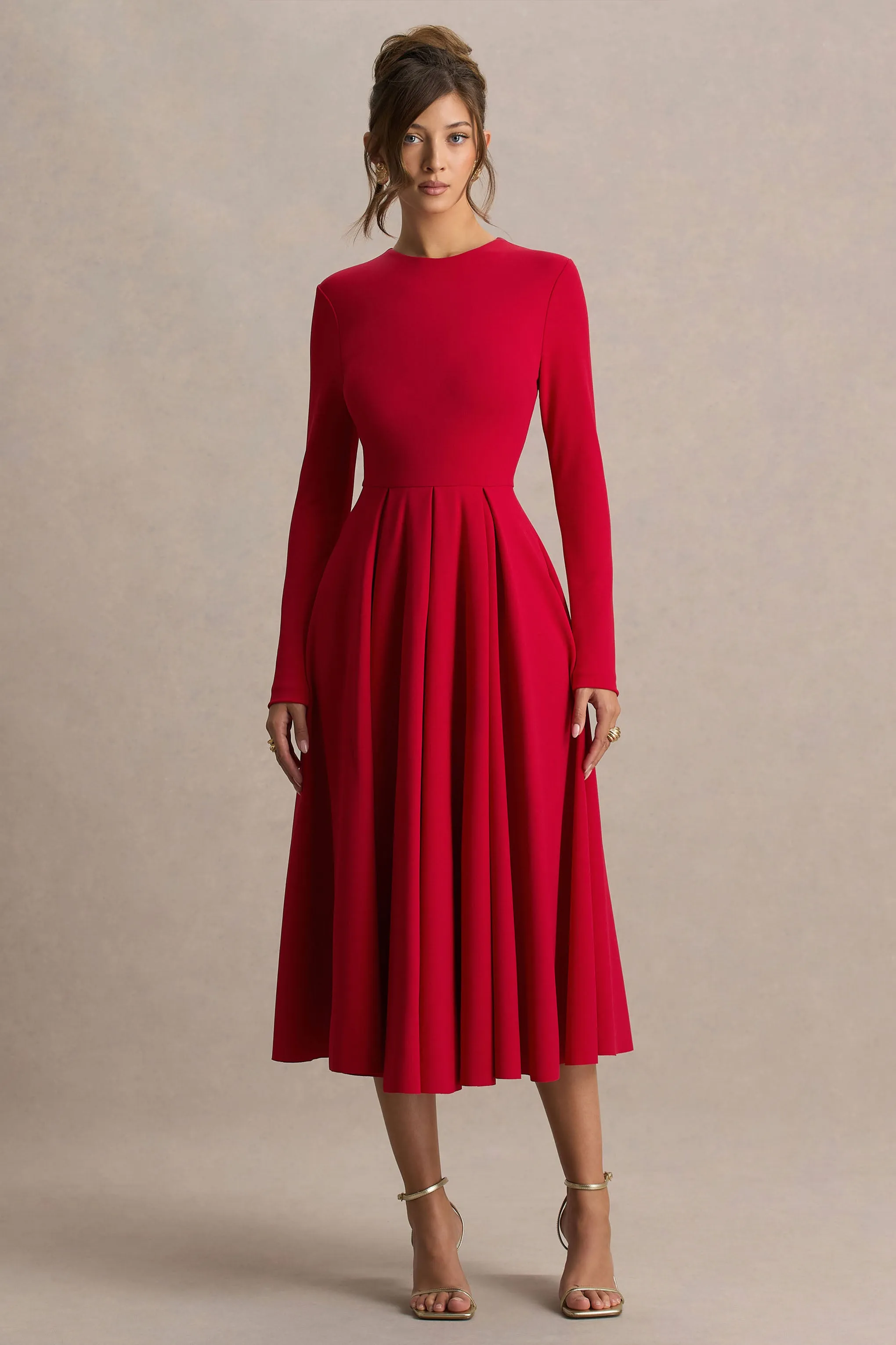 Bellamy | Red Crew-Neck Long-Sleeve Midi Dress sold by Club L London