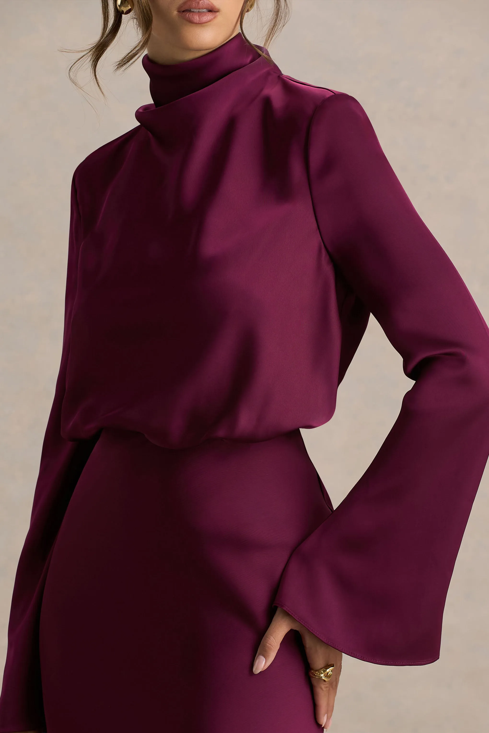 Celina | Burgundy Satin High-Neck Maxi Dress sold by Club L London product image thumbnail 5