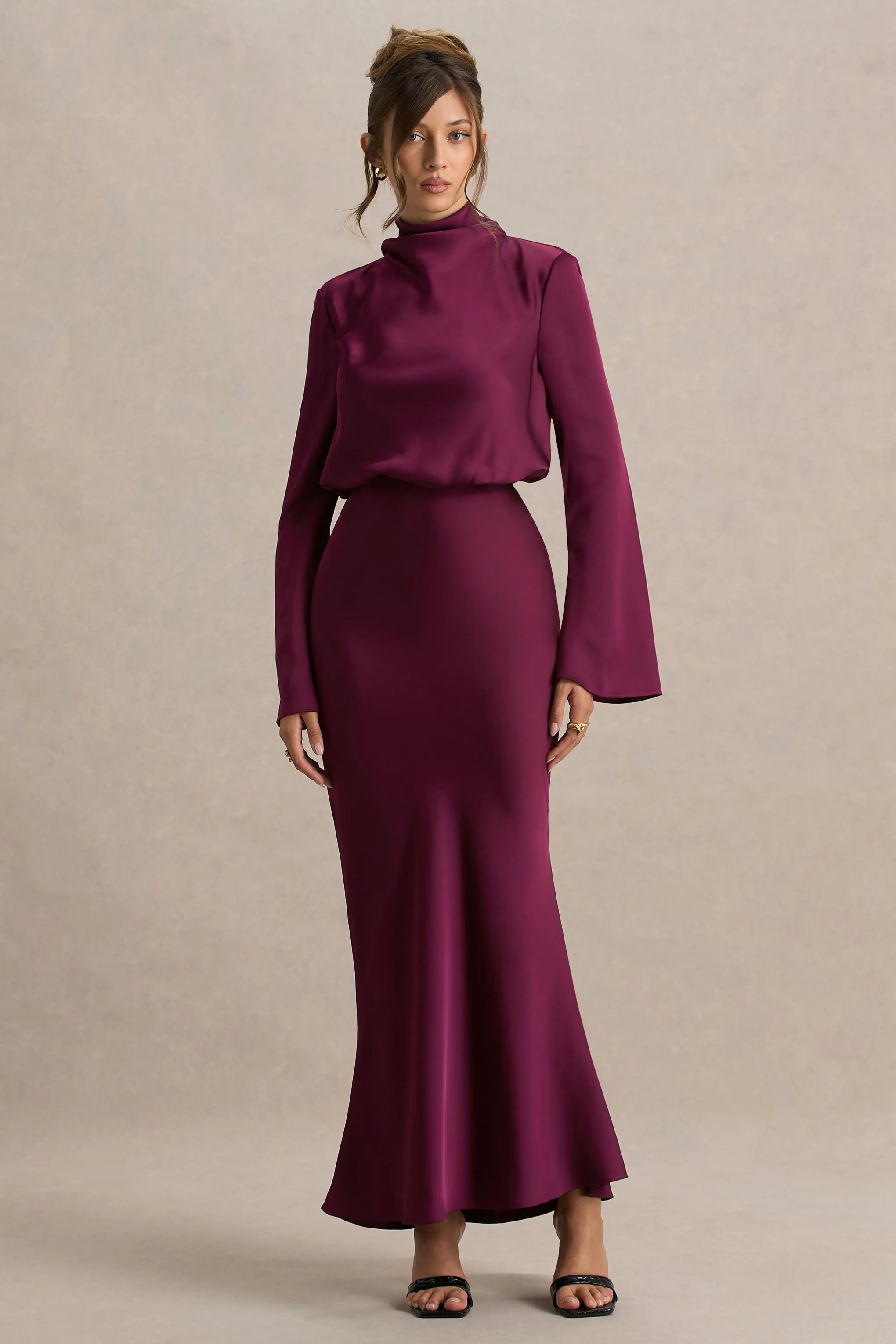 Celina | Burgundy Satin High-Neck Maxi Dress sold by Club L London product image thumbnail 3