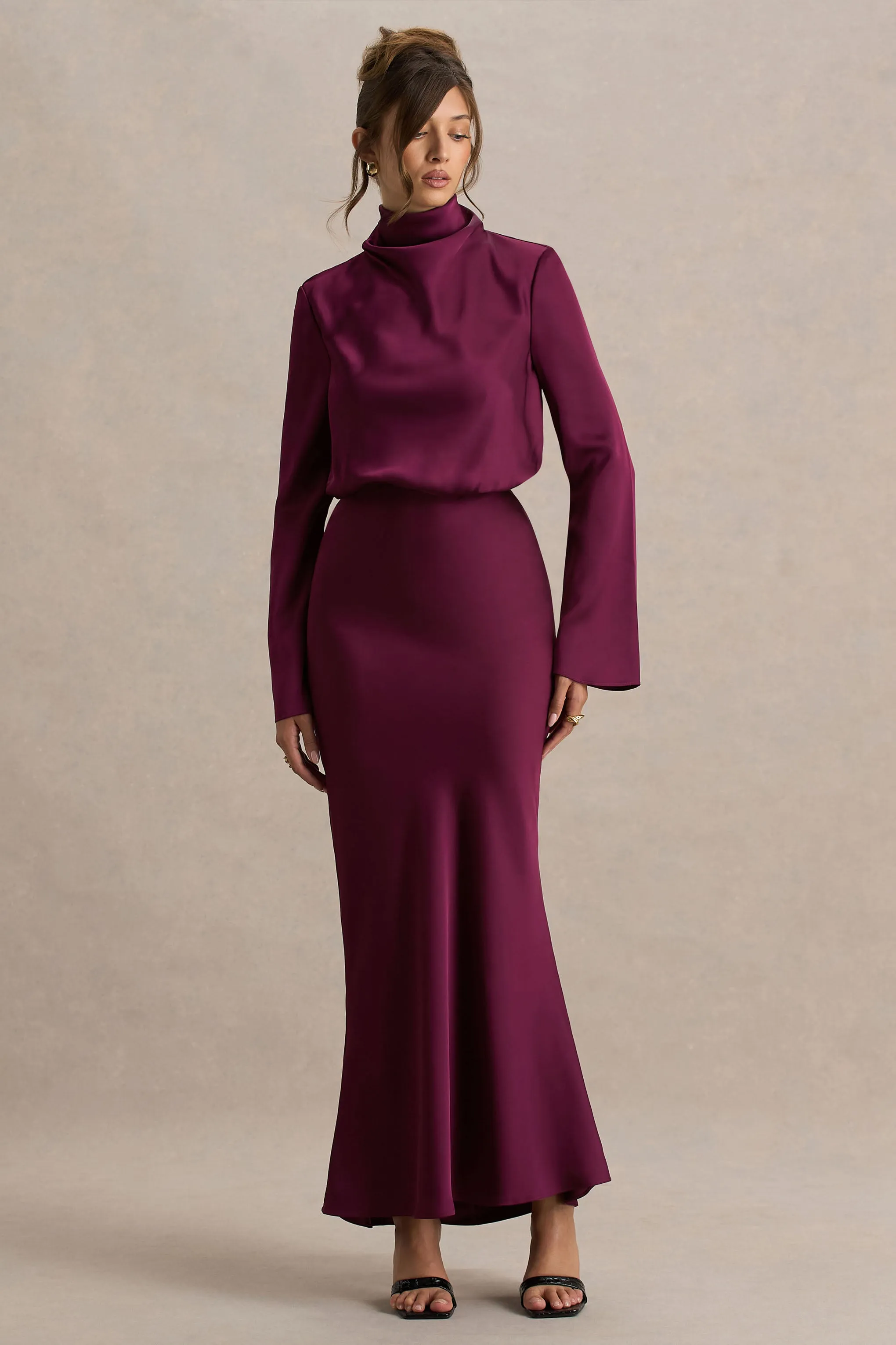 Celina | Burgundy Satin High-Neck Maxi Dress sold by Club L London product image thumbnail 4