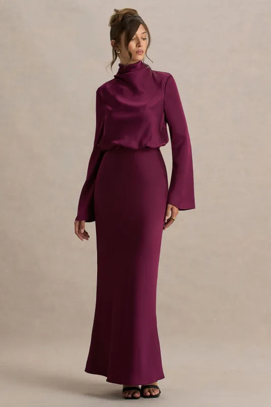 Celina | Burgundy Satin High-Neck Maxi Dress sold by Club L London