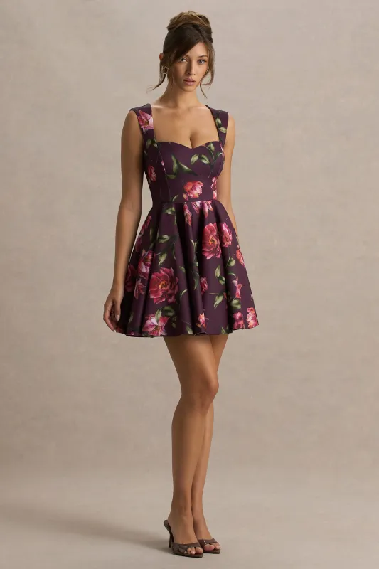 Magic | Burgundy Floral Print Sweetheart-Neck Mini Dress. sold by Club L London