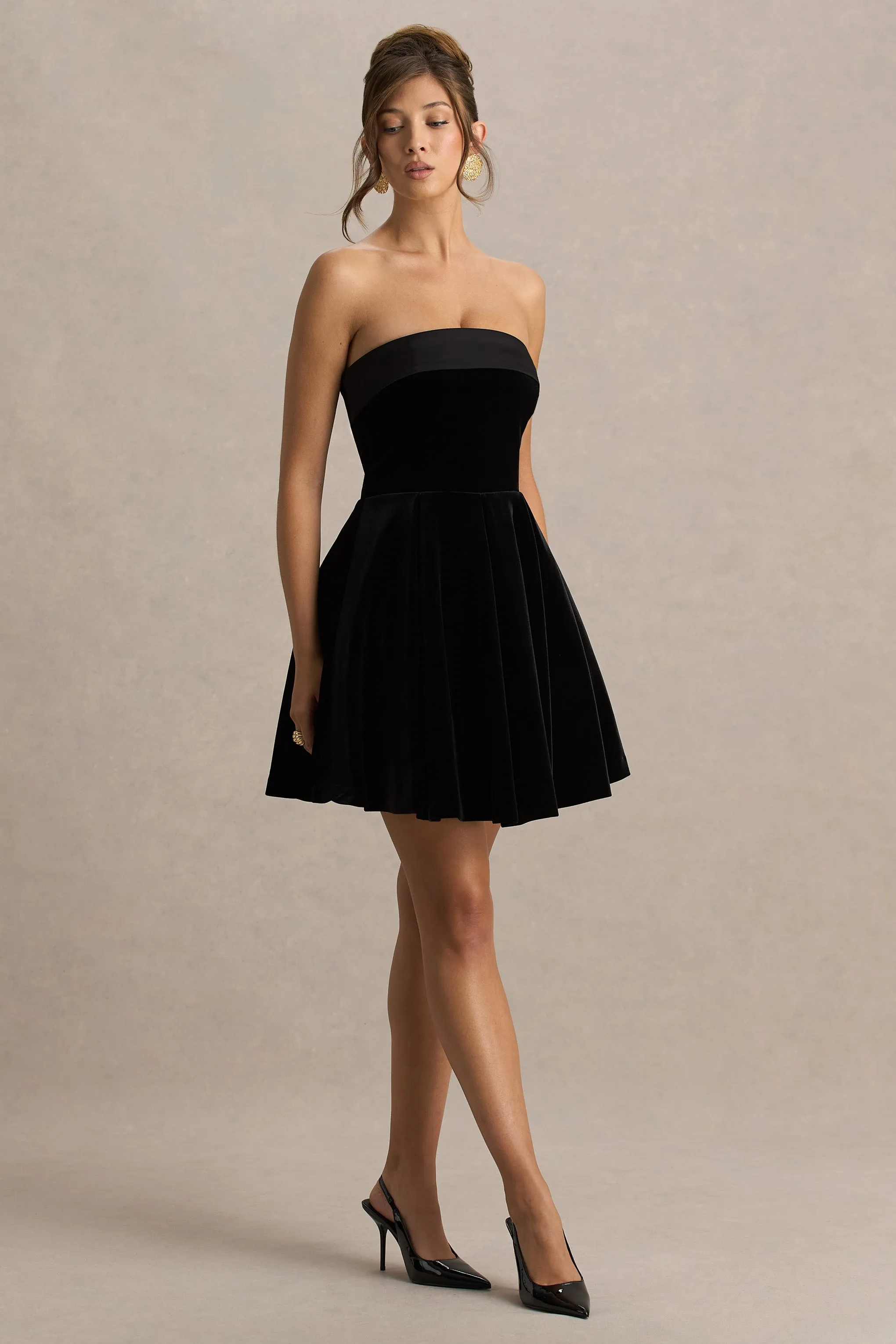 Mina | Black Velvet And Satin Bandeau-Neck Skater Mini Dress sold by Club L London product image thumbnail 4