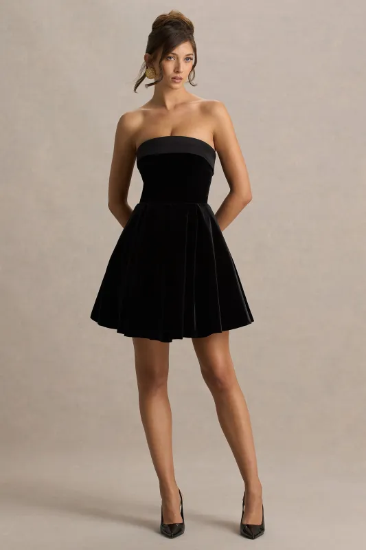 Mina | Black Velvet And Satin Bandeau-Neck Skater Mini Dress sold by Club L London