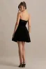 Mina | Black Velvet And Satin Bandeau-Neck Skater Mini Dress sold by Club L London