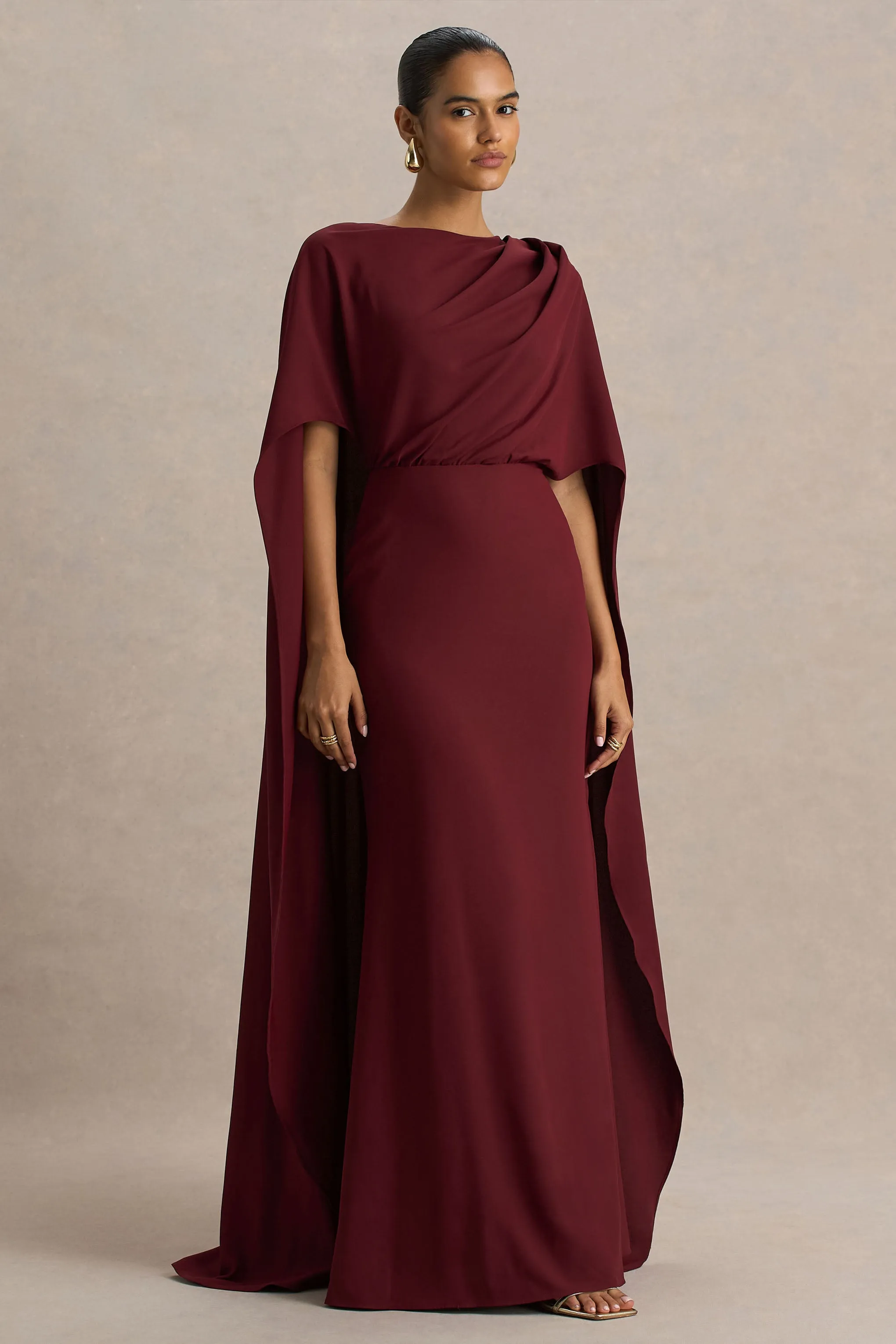 Pristina | Burgundy High-Neck Woven Maxi Dress With Cape Detail sold by Club L London product image thumbnail 4
