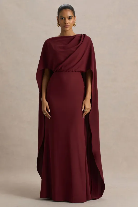 Pristina | Burgundy High-Neck Woven Maxi Dress With Cape Detail sold by Club L London