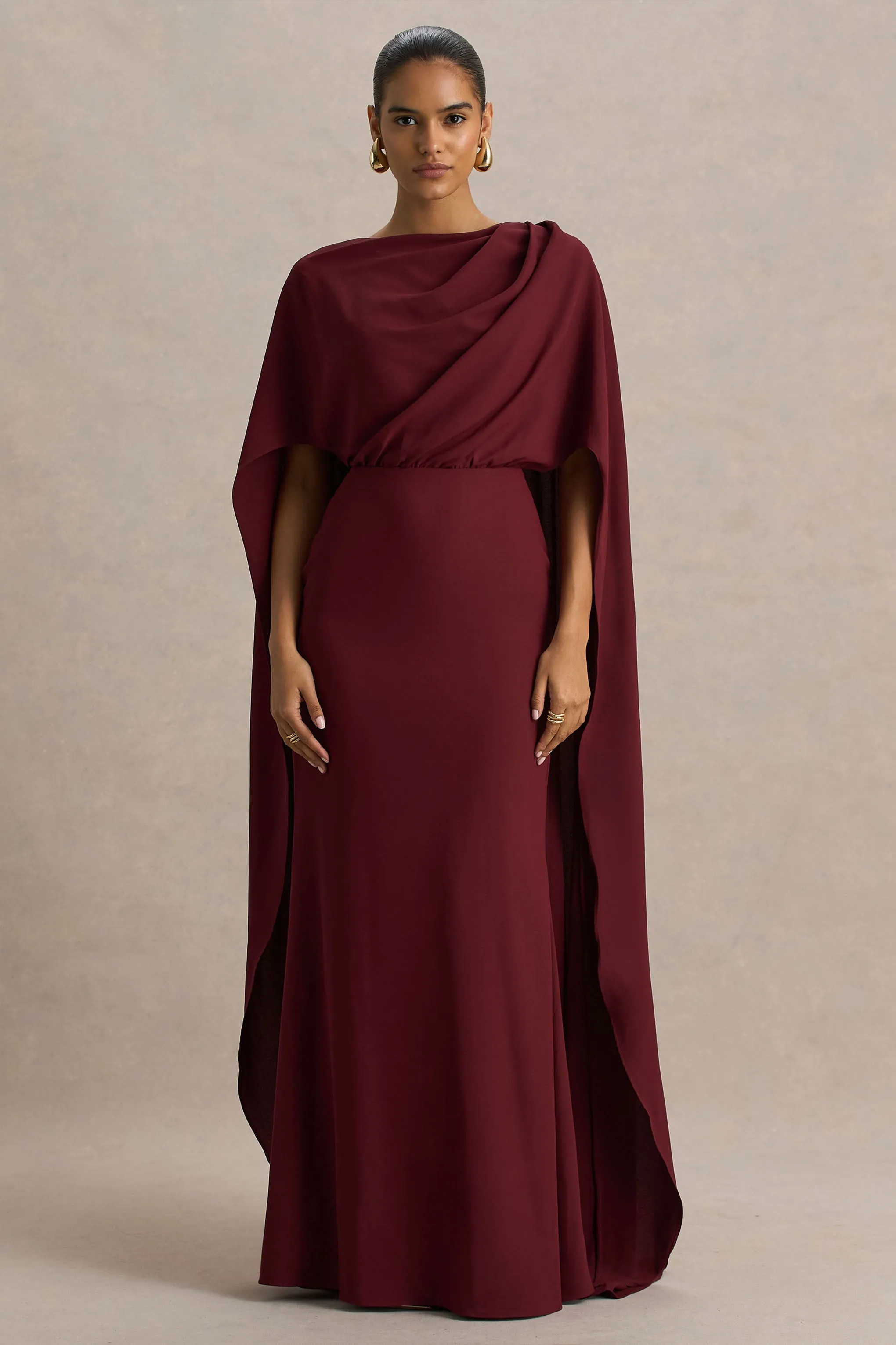 Pristina | Burgundy High-Neck Woven Maxi Dress With Cape Detail sold by Club L London