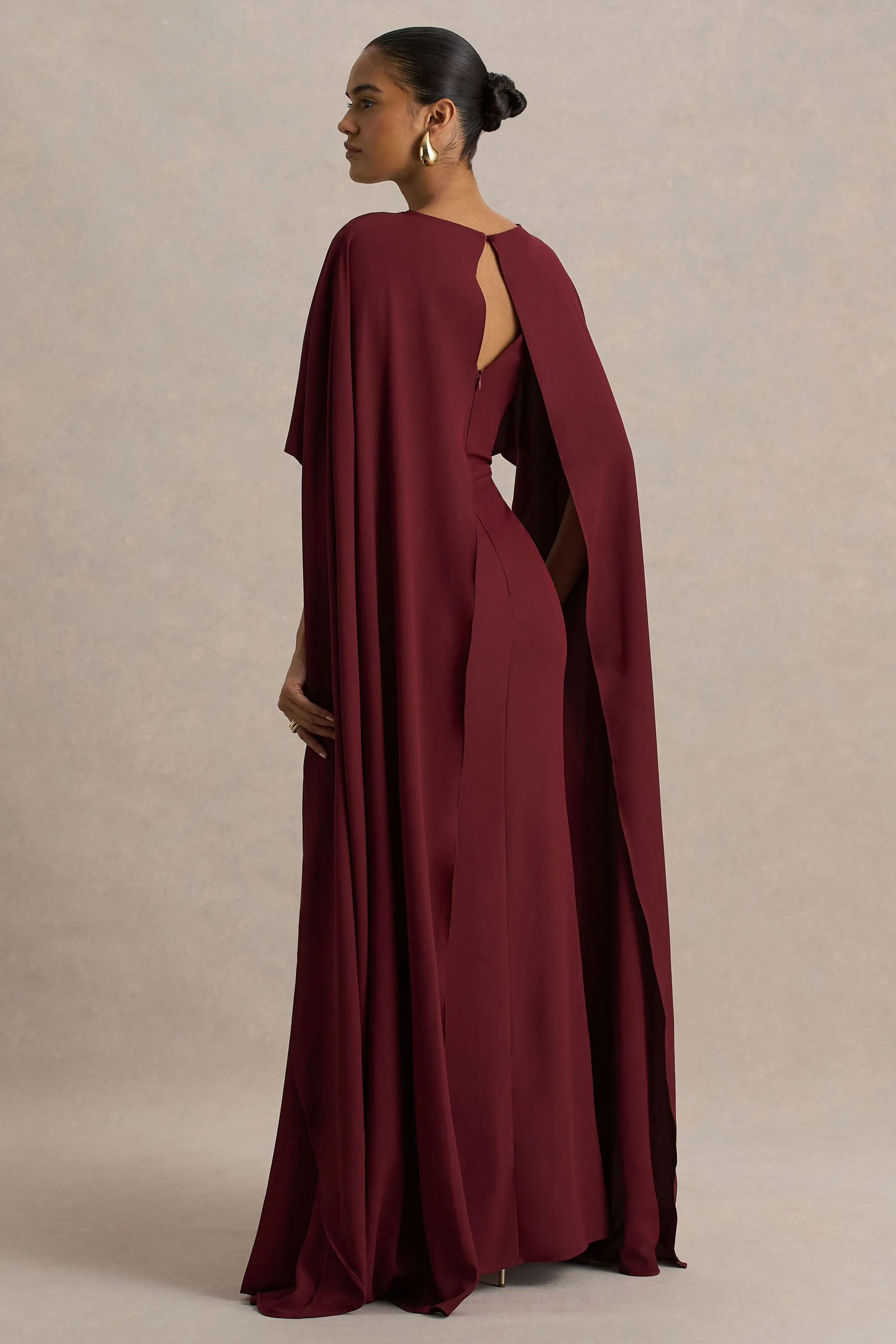 Pristina | Burgundy High-Neck Woven Maxi Dress With Cape Detail sold by Club L London product image thumbnail 2