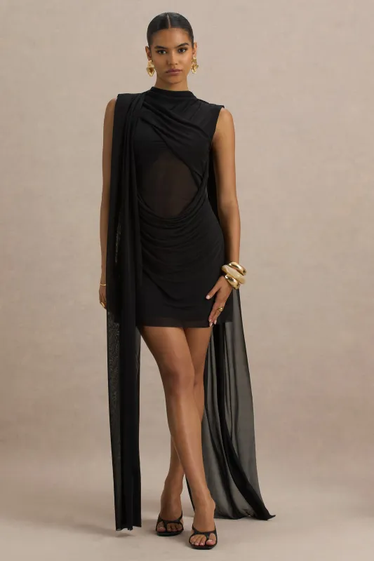 Riad | Black Chiffon Mini Dress With Sheer Bodice Two-Sleeve Cape sold by Club L London