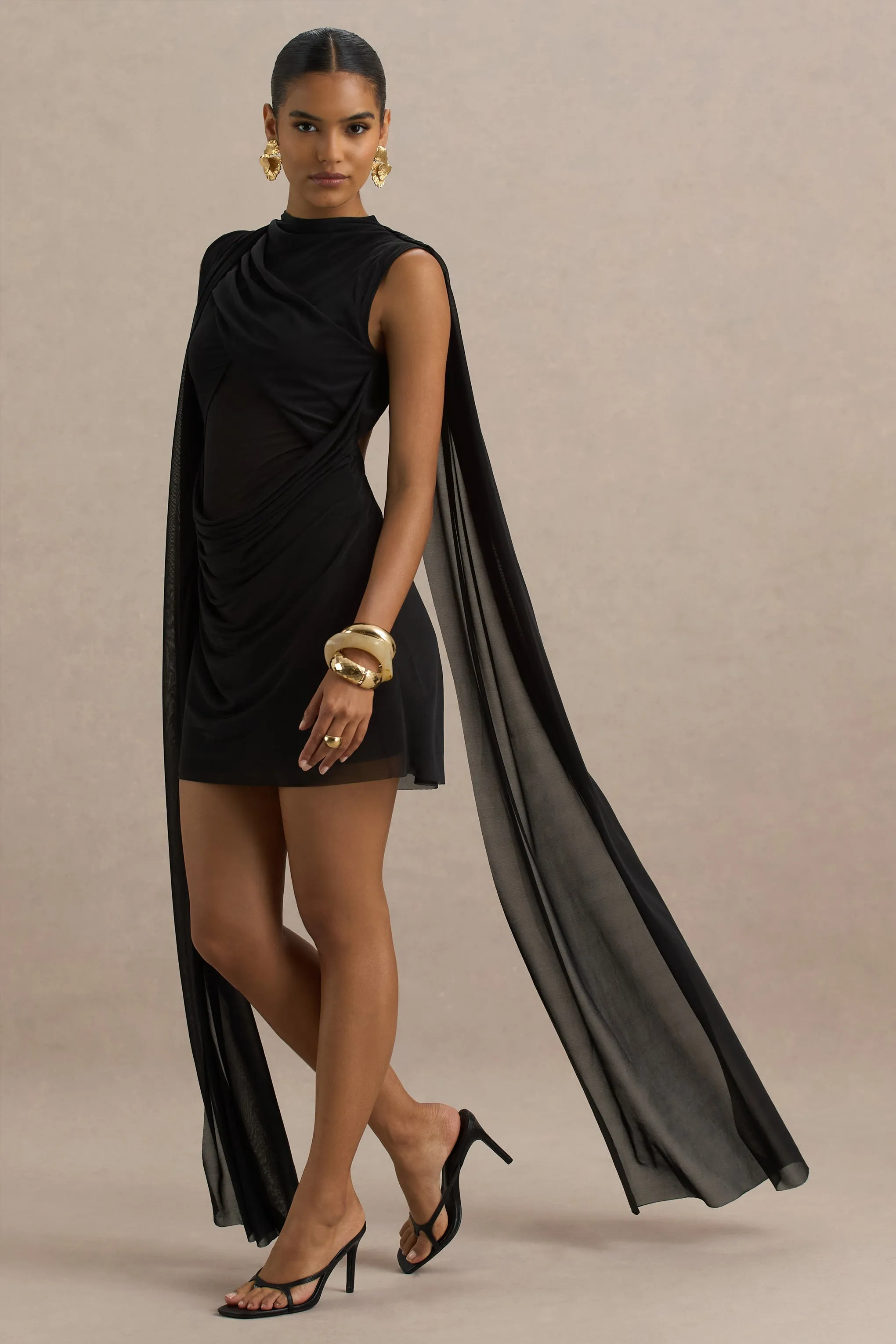 Riad | Black Chiffon Mini Dress With Sheer Bodice Two-Sleeve Cape sold by Club L London product image thumbnail 5