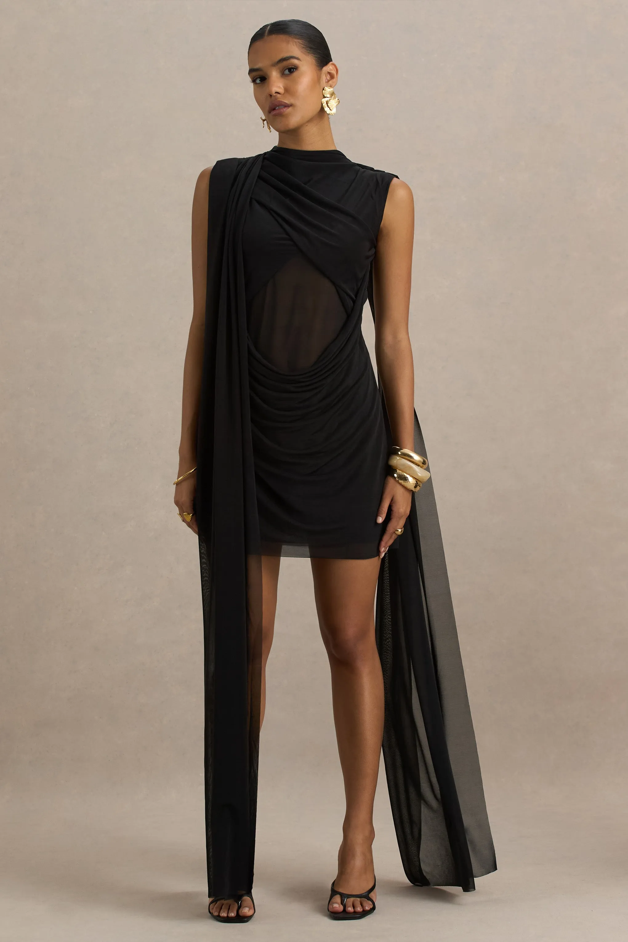 Riad | Black Chiffon Mini Dress With Sheer Bodice Two-Sleeve Cape sold by Club L London product image thumbnail 3