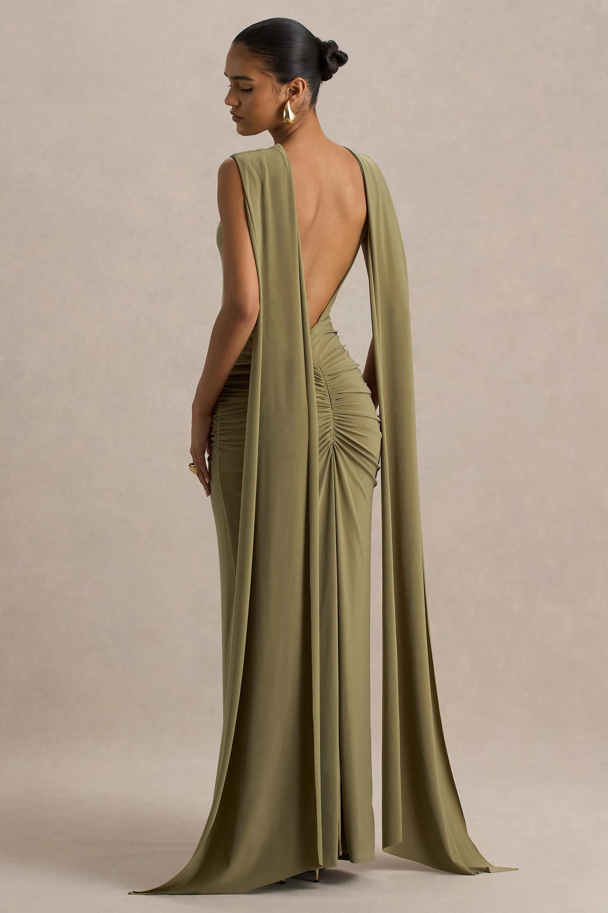 Premiere | Olive Boat-Neck Maxi Dress With Cape-Sleeves And Open-Back sold by Club L London