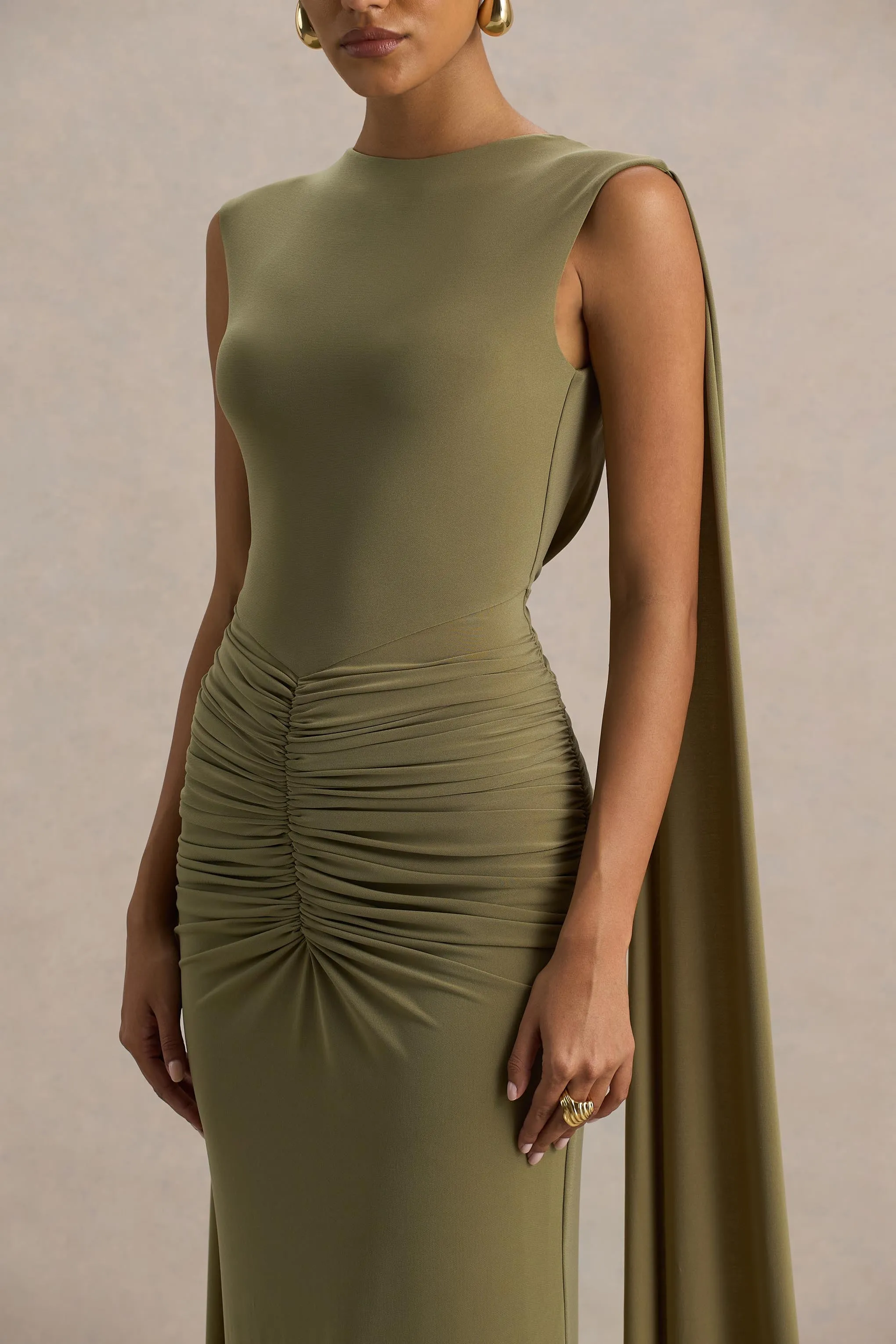 Premiere | Olive Boat-Neck Maxi Dress With Cape-Sleeves And Open-Back sold by Club L London product image thumbnail 4