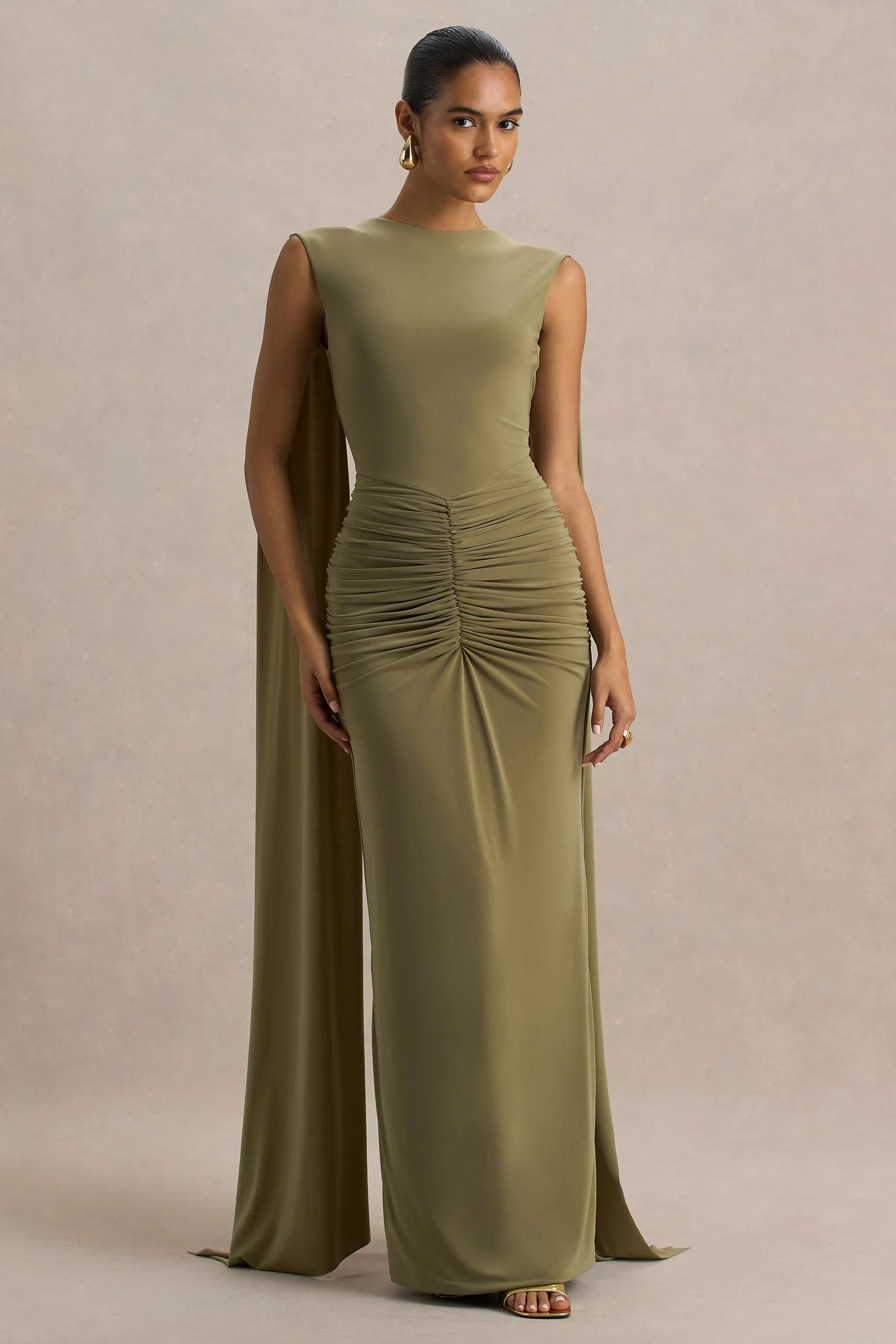 Premiere | Olive Boat-Neck Maxi Dress With Cape-Sleeves And Open-Back sold by Club L London product image thumbnail 2