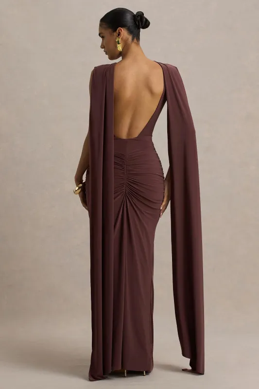 Premiere | Brown Boat-Neck Maxi Dress With Cape Sleeves And Open-Back sold by Club L London