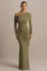 Perrie | Olive Asymmetric-Neck Maxi Dress With Ruched Detailing sold by Club L London