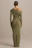 Perrie | Olive Asymmetric-Neck Maxi Dress With Ruched Detailing sold by Club L London