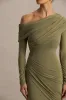 Perrie | Olive Asymmetric-Neck Maxi Dress With Ruched Detailing sold by Club L London