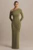 Perrie | Olive Asymmetric-Neck Maxi Dress With Ruched Detailing sold by Club L London