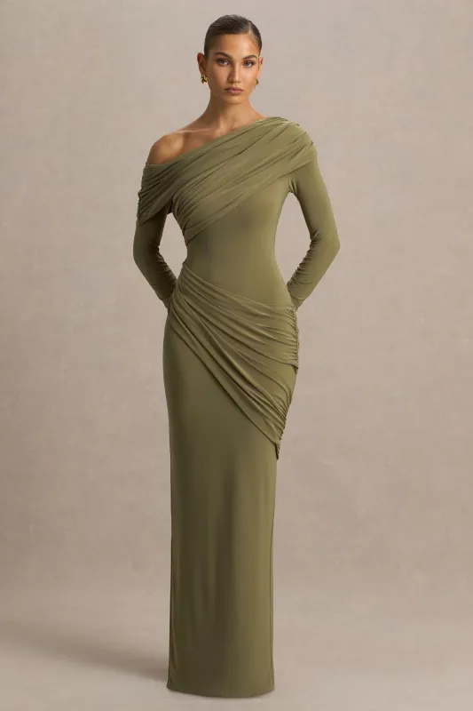 Perrie | Olive Asymmetric-Neck Maxi Dress With Ruched Detailing sold by Club L London