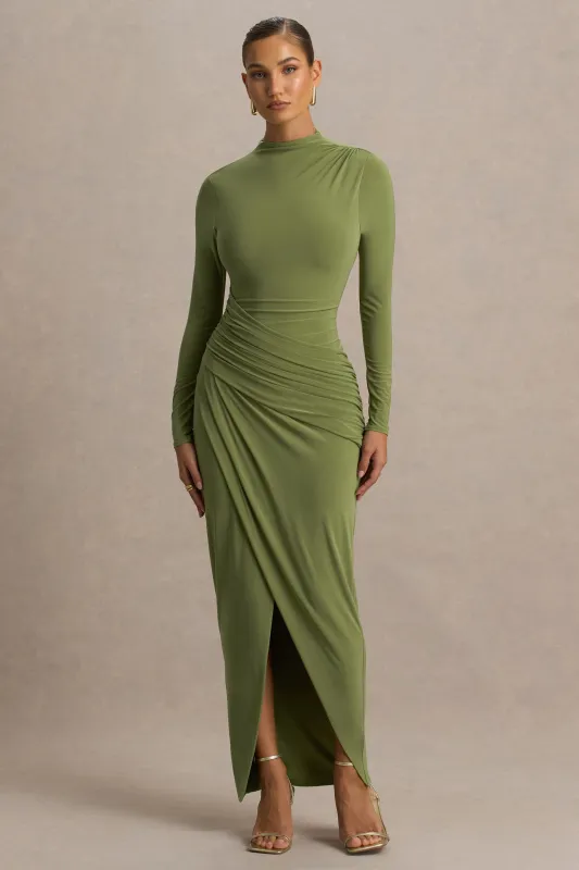 Zephyra | Olive High-Neck Wrapped Maxi Dress sold by Club L London