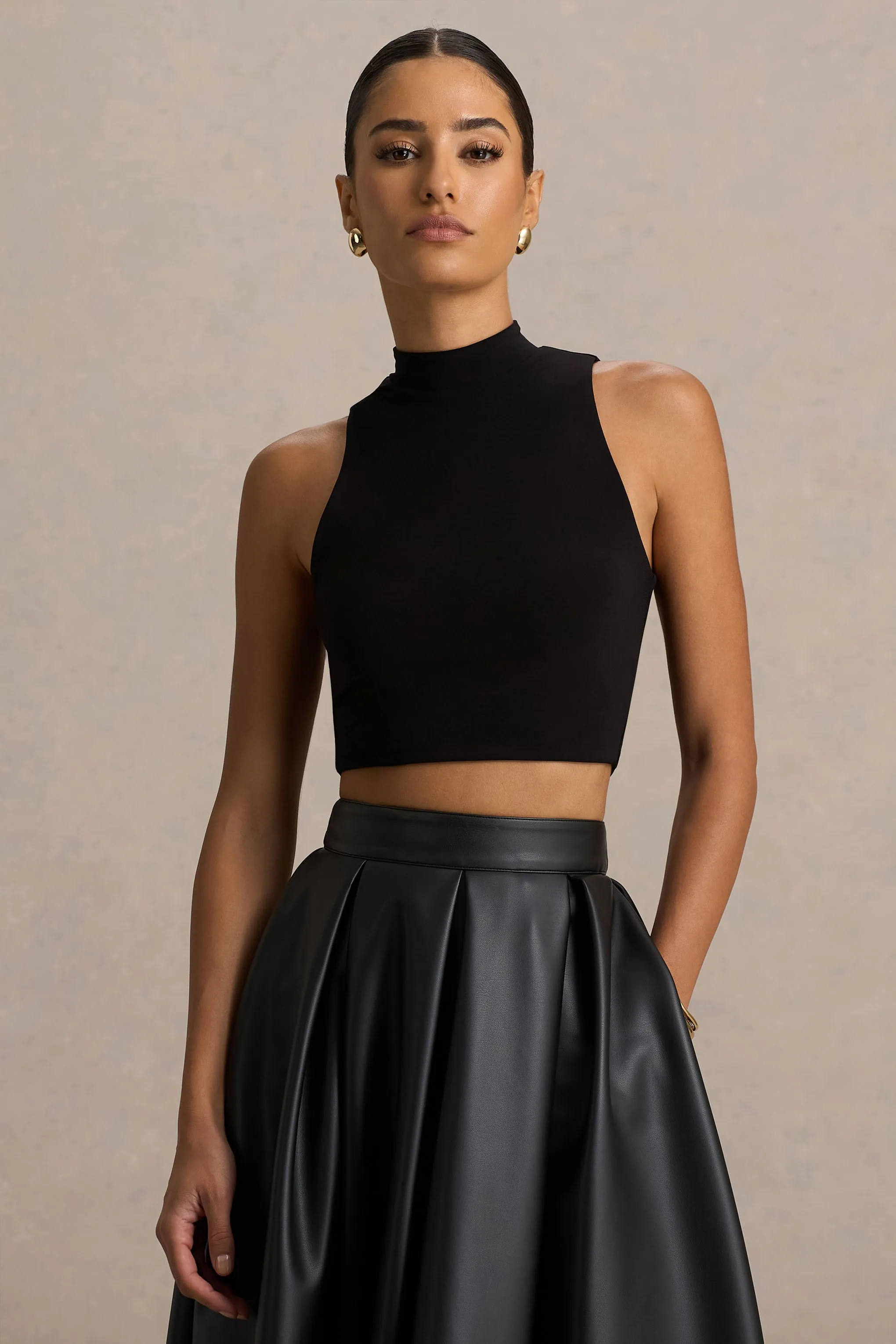 Sian | Black High-Neck Crop Top sold by Club L London product image thumbnail 4