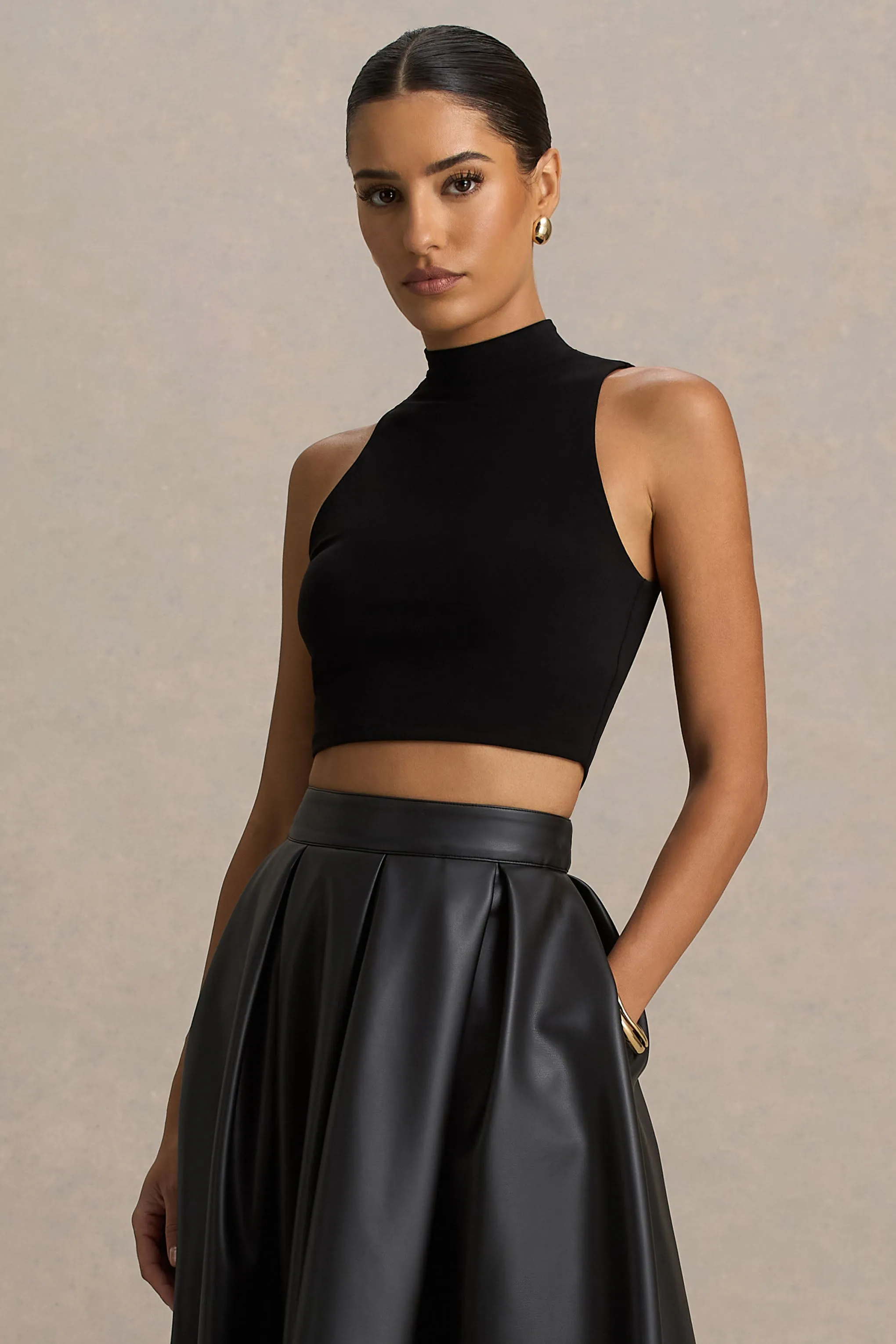 Sian | Black High-Neck Crop Top sold by Club L London