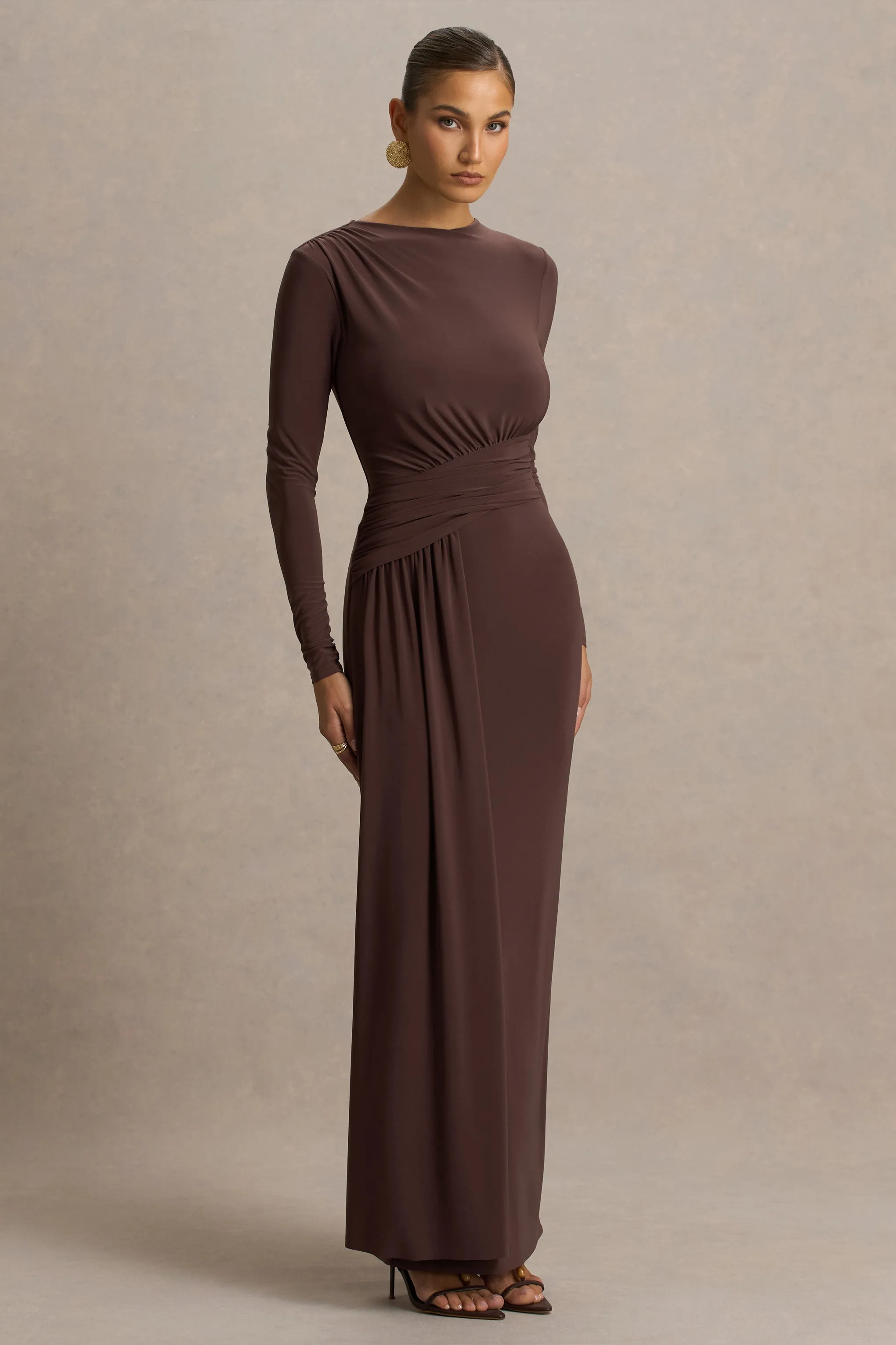 Virelle | Brown Boat-Neck Maxi Dress With Wrap Detail And Sash sold by Club L London product image thumbnail 5