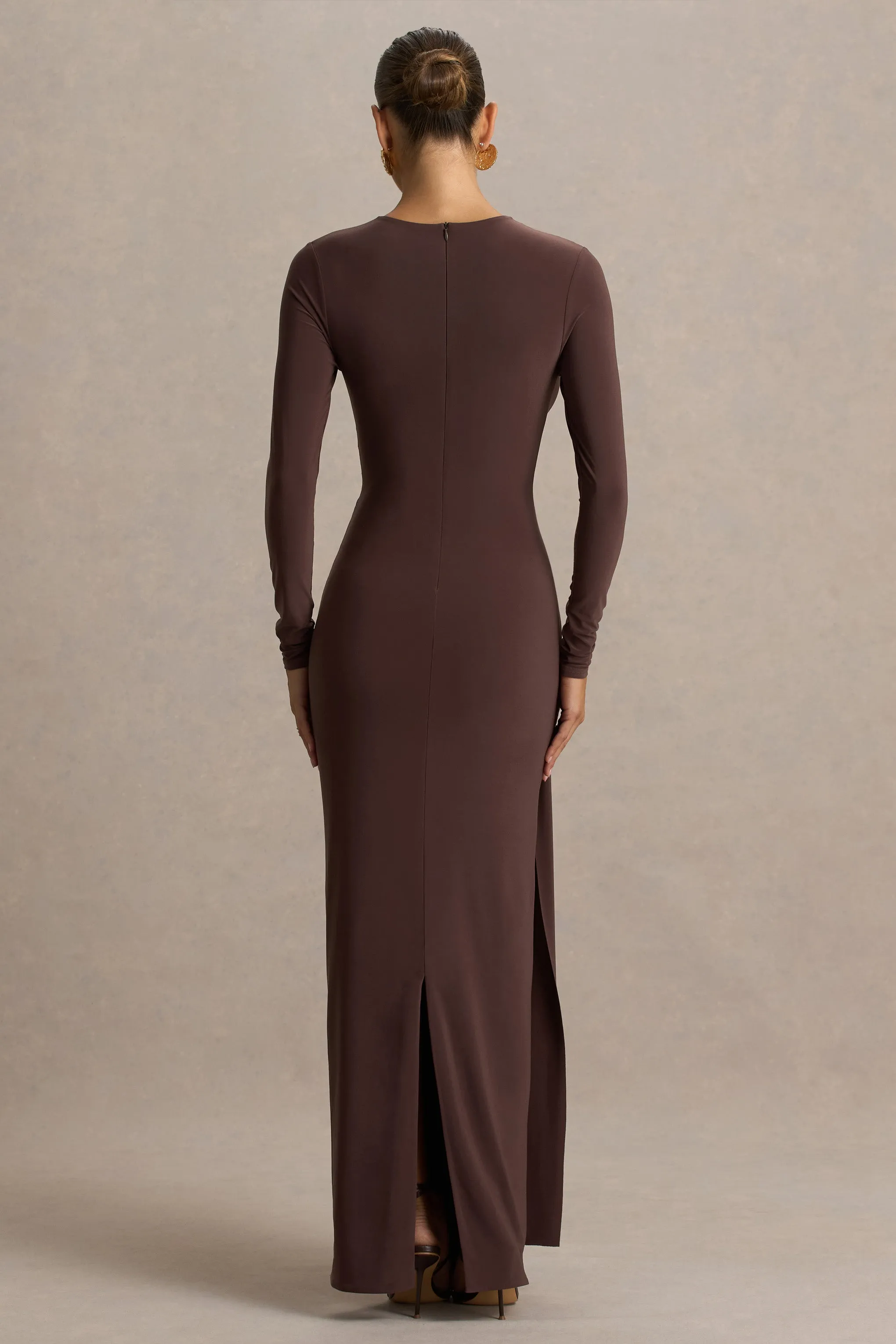 Virelle | Brown Boat-Neck Maxi Dress With Wrap Detail And Sash sold by Club L London product image thumbnail 2
