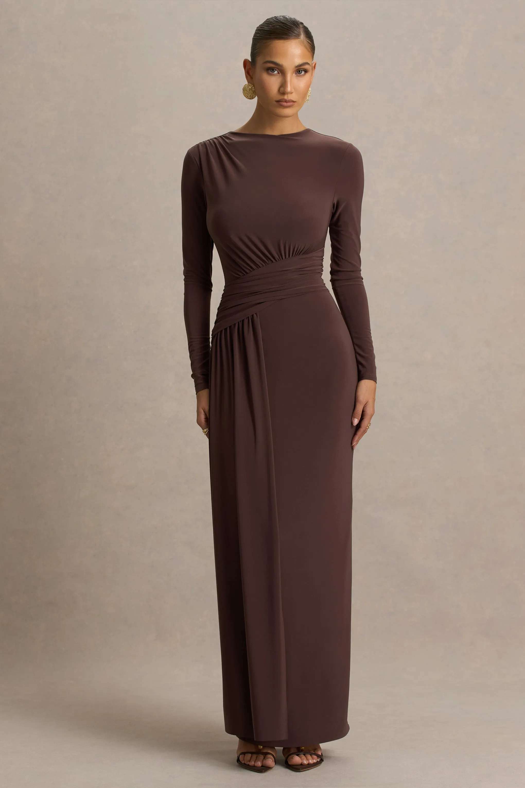 Virelle | Brown Boat-Neck Maxi Dress With Wrap Detail And Sash sold by Club L London product image thumbnail 4