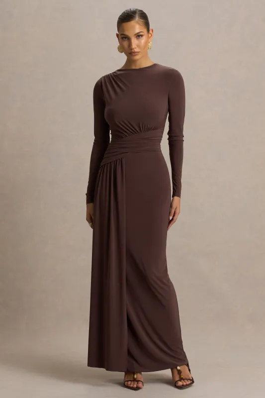 Virelle | Brown Boat-Neck Maxi Dress With Wrap Detail And Sash sold by Club L London