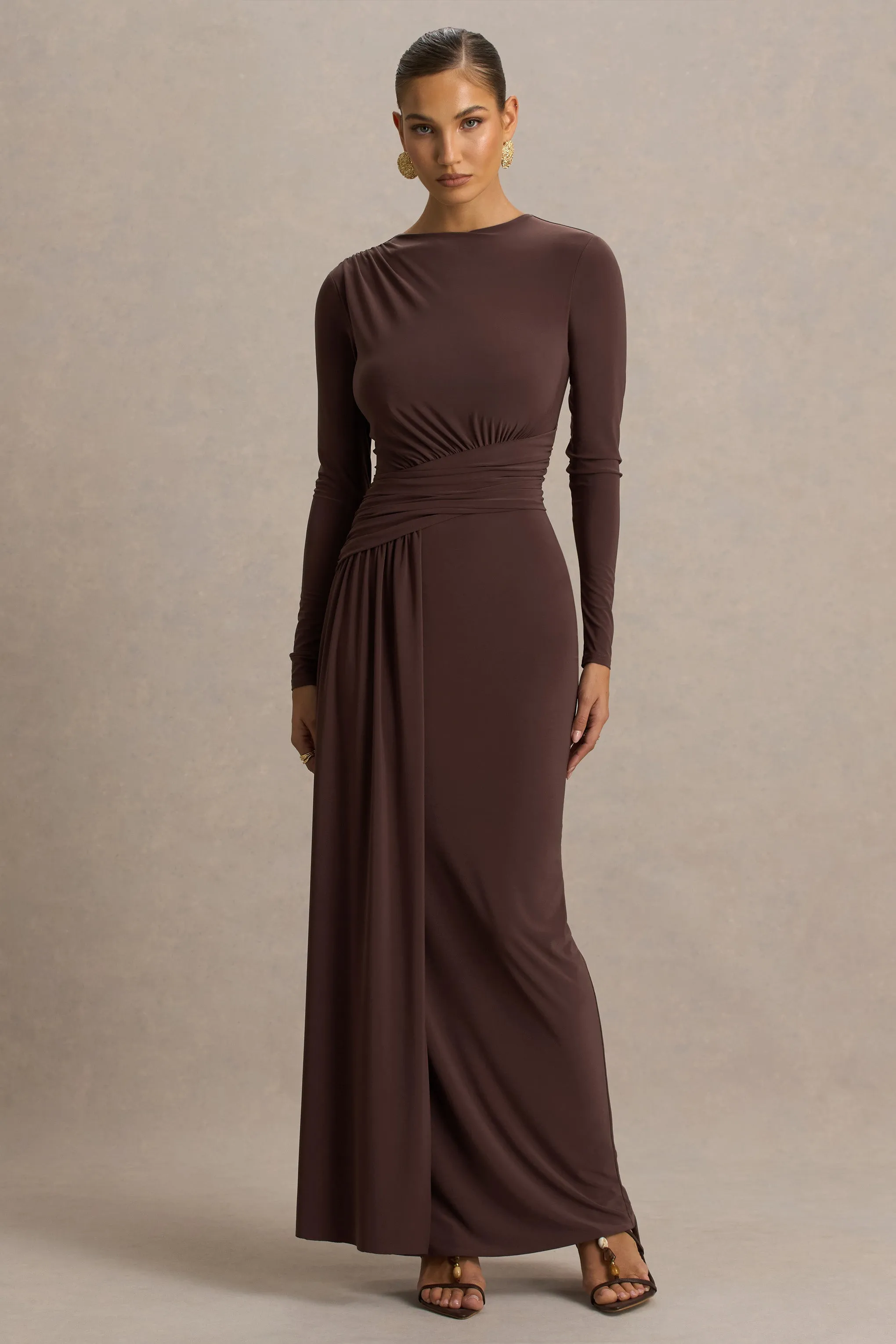 Virelle | Brown Boat-Neck Maxi Dress With Wrap Detail And Sash sold by Club L London