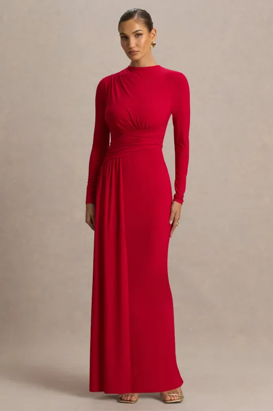 Virelle | Red Boat-Neck Maxi Dress With Drop-Waist sold by Club L London