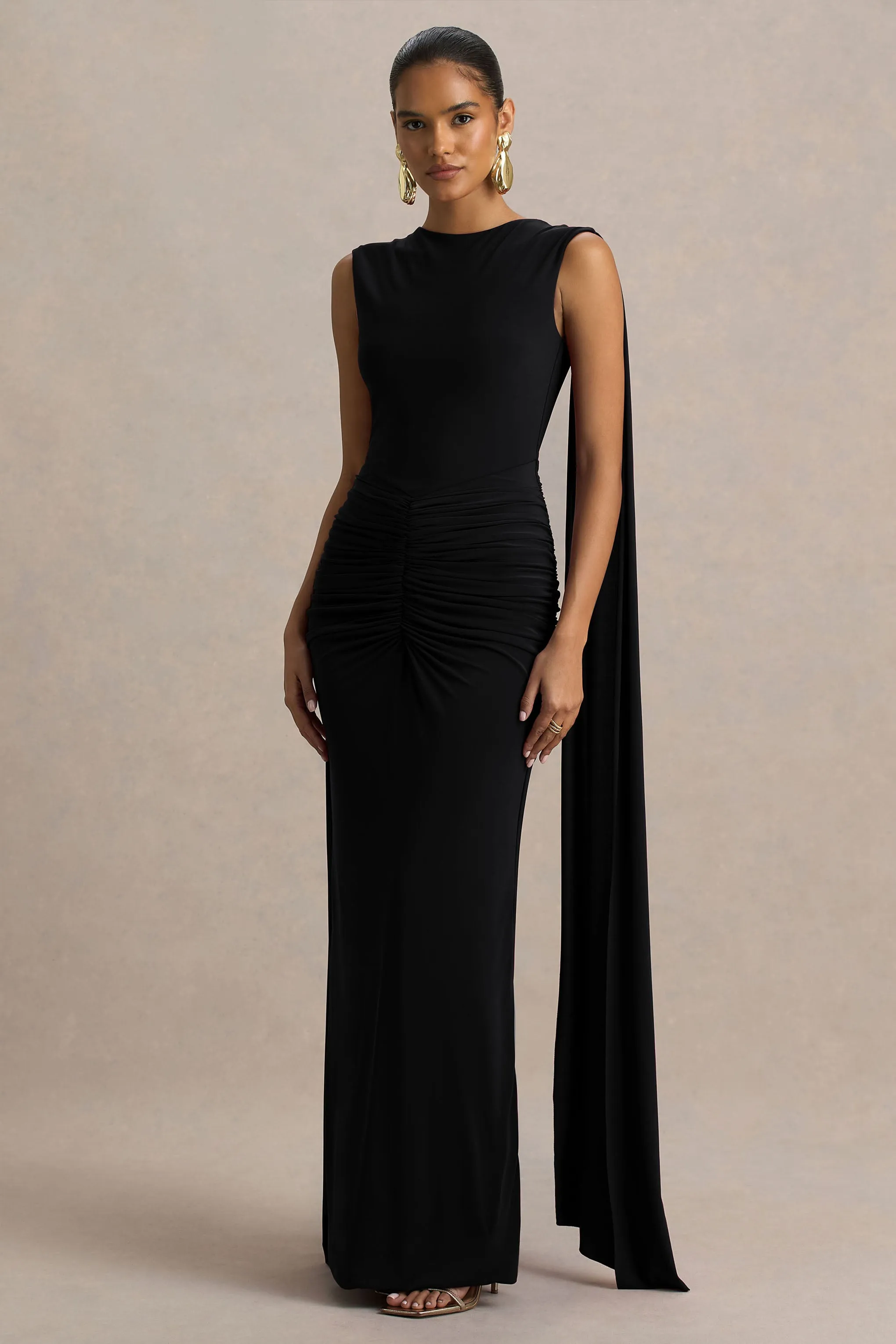 Premiere | Black Boat-Neck Maxi Dress With Open-Back And Cape-Sleeves sold by Club L London product image thumbnail 4