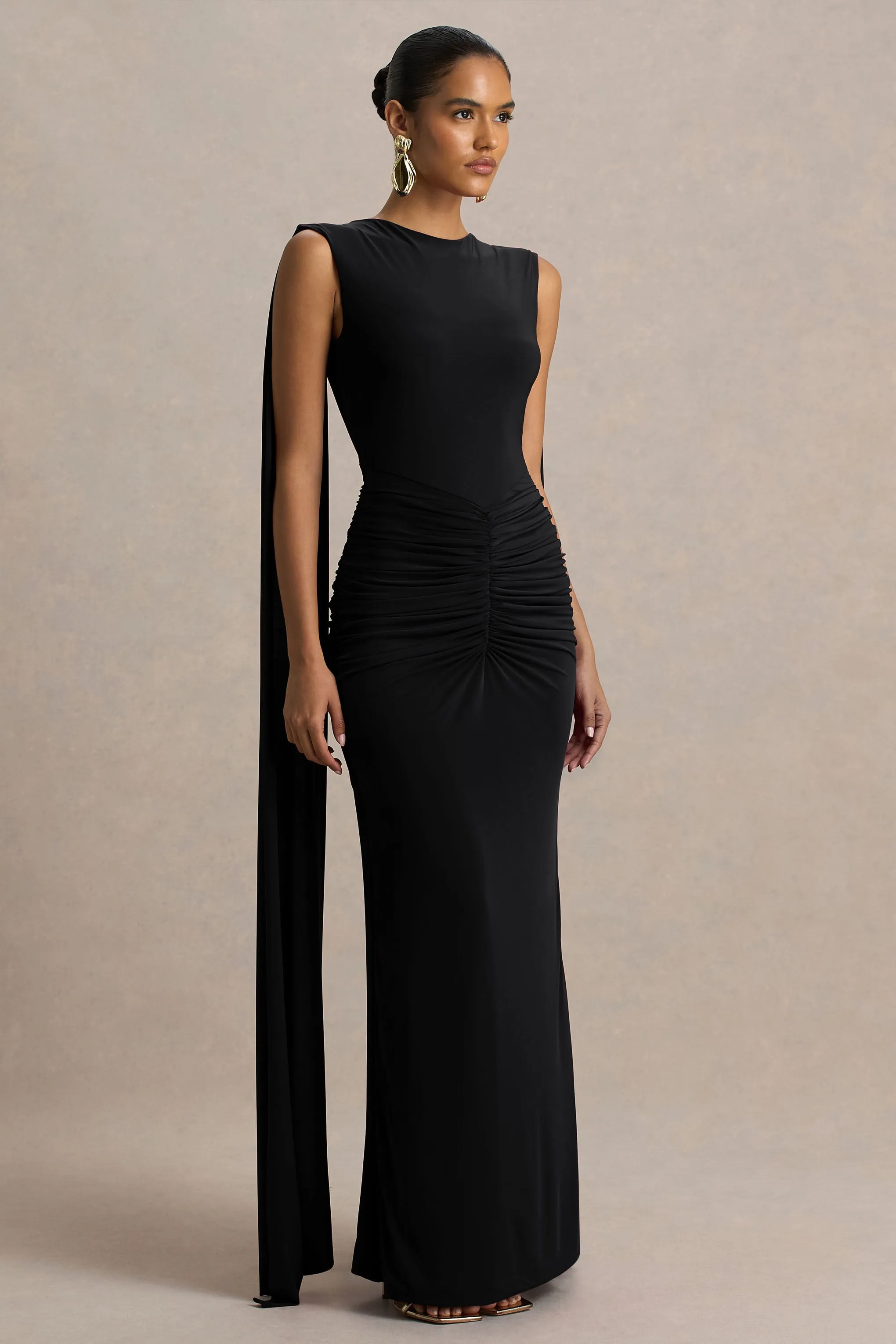 Premiere | Black Boat-Neck Maxi Dress With Open-Back And Cape-Sleeves sold by Club L London product image thumbnail 2