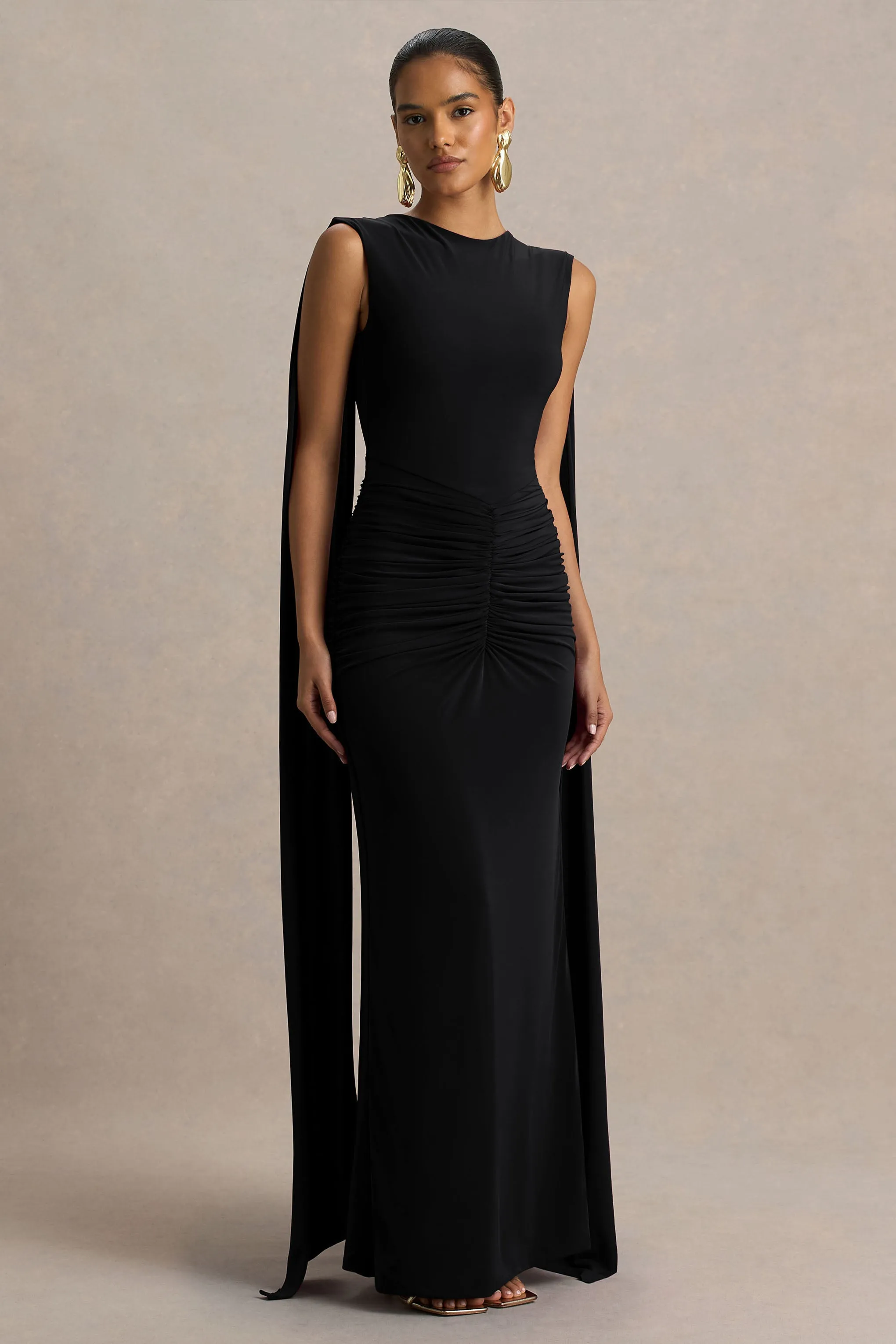 Premiere | Black Boat-Neck Maxi Dress With Open-Back And Cape-Sleeves sold by Club L London product image thumbnail 5