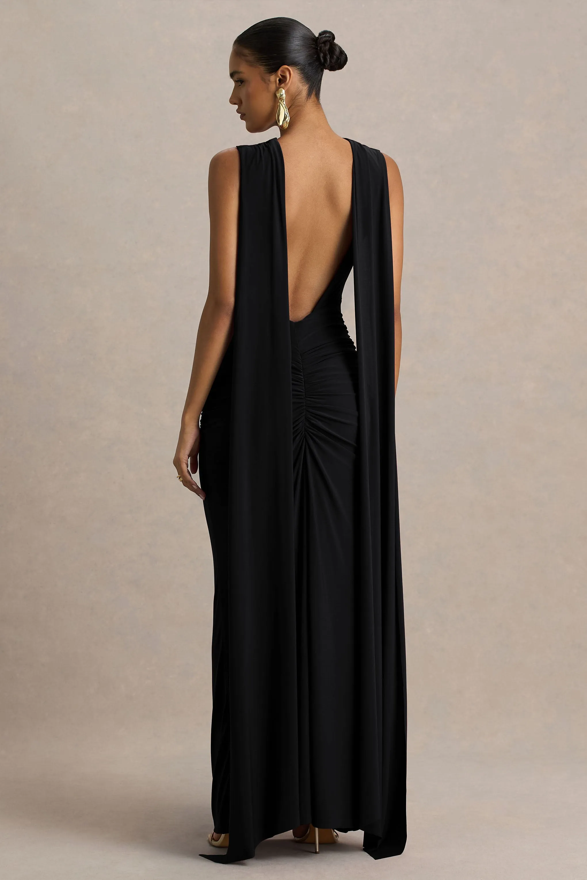 Premiere | Black Boat-Neck Maxi Dress With Open-Back And Cape-Sleeves sold by Club L London