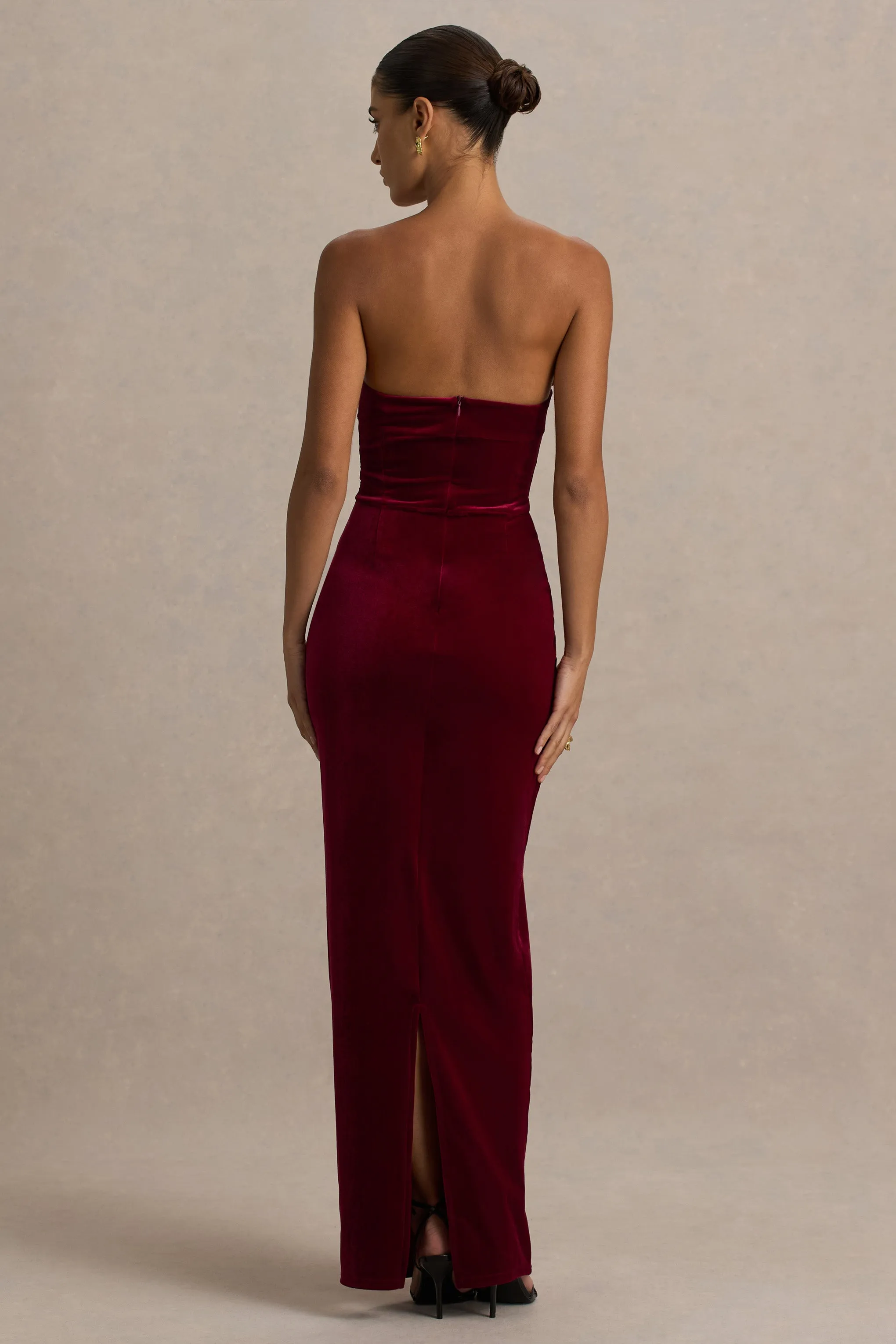 Illusion | Burgundy Velvet Bandeau Maxi Dress With Bow Detail sold by Club L London product image thumbnail 2