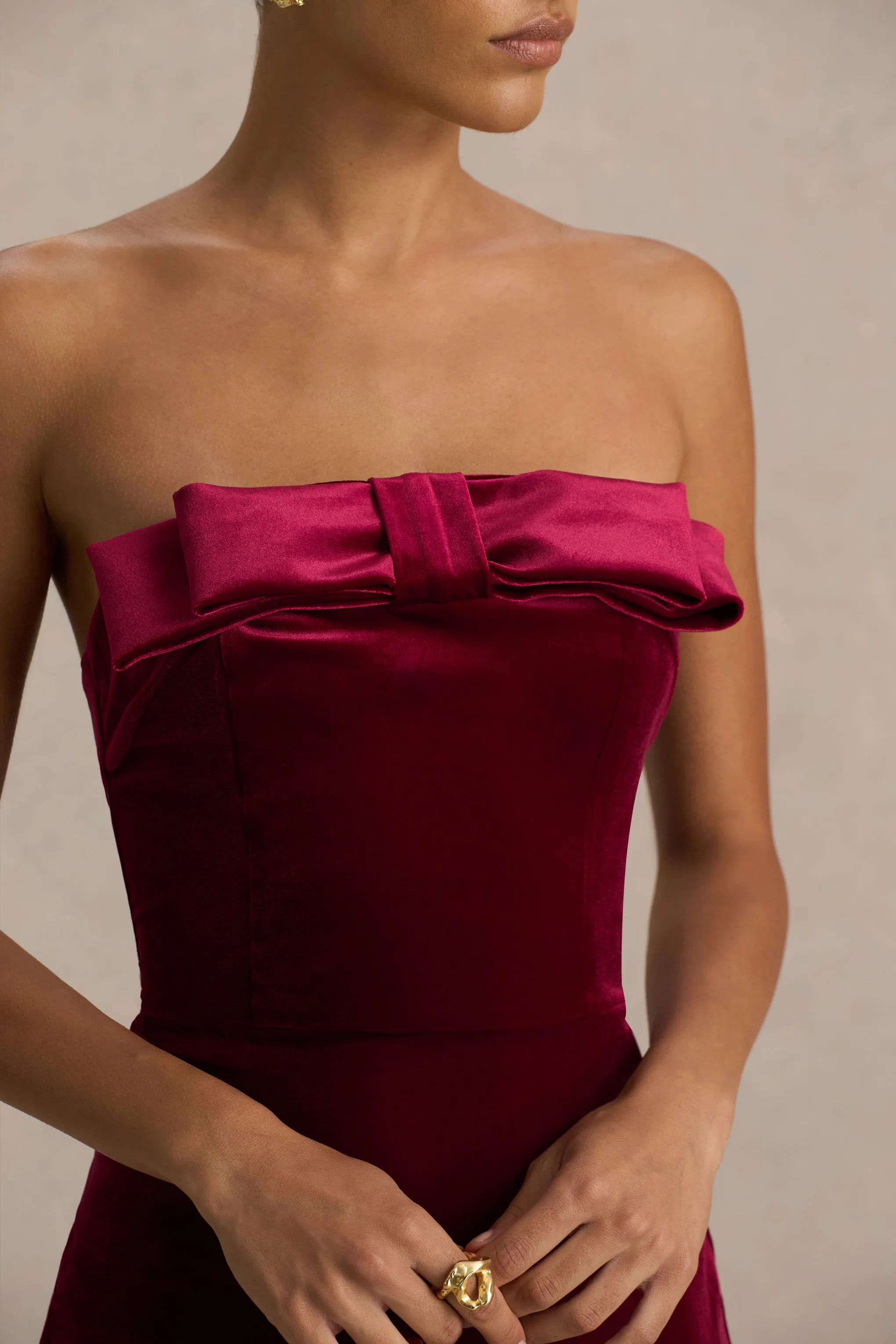 Illusion | Burgundy Velvet Bandeau Maxi Dress With Bow Detail sold by Club L London product image thumbnail 3