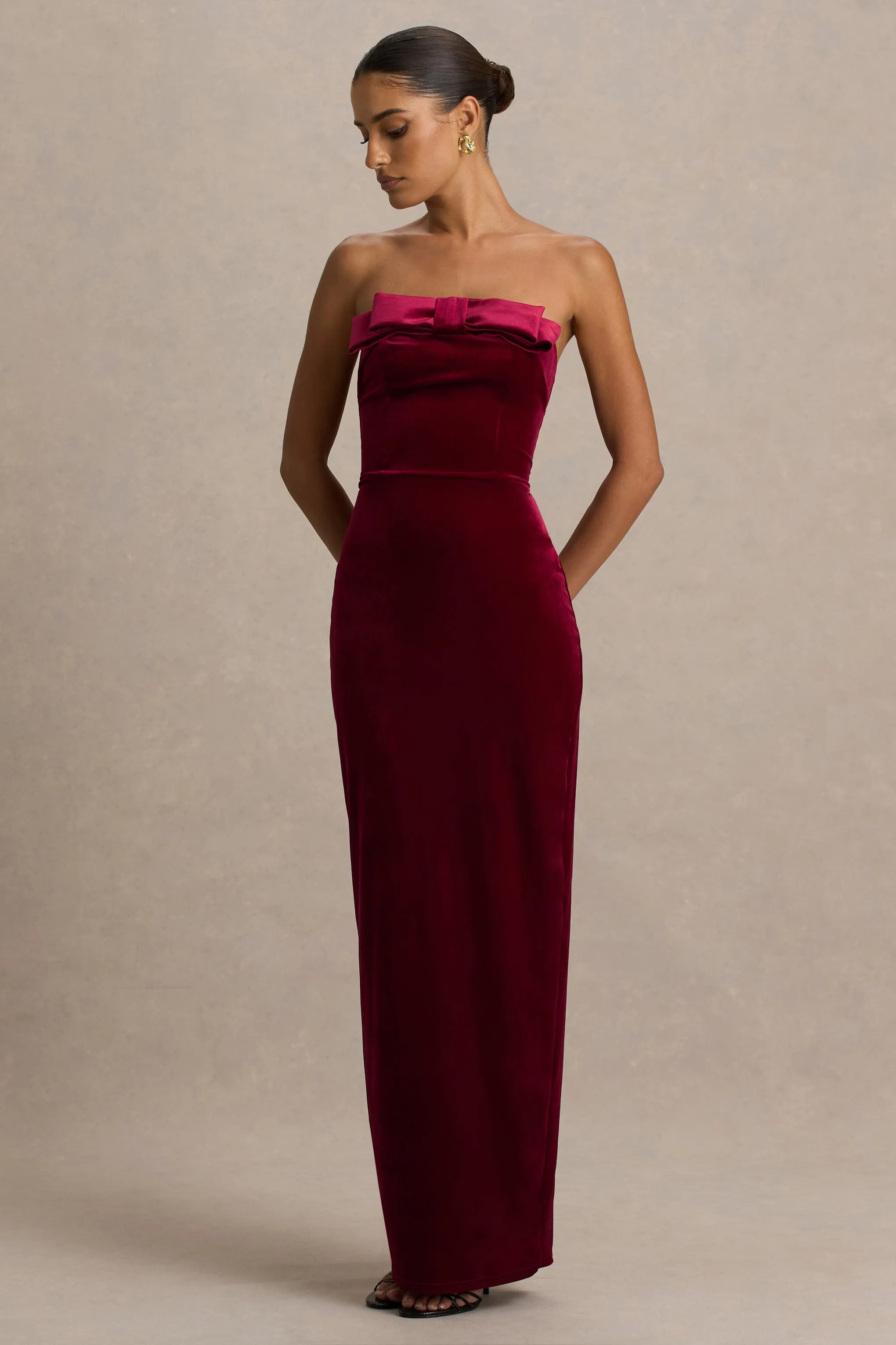 Illusion | Burgundy Velvet Bandeau Maxi Dress With Bow Detail sold by Club L London product image thumbnail 4