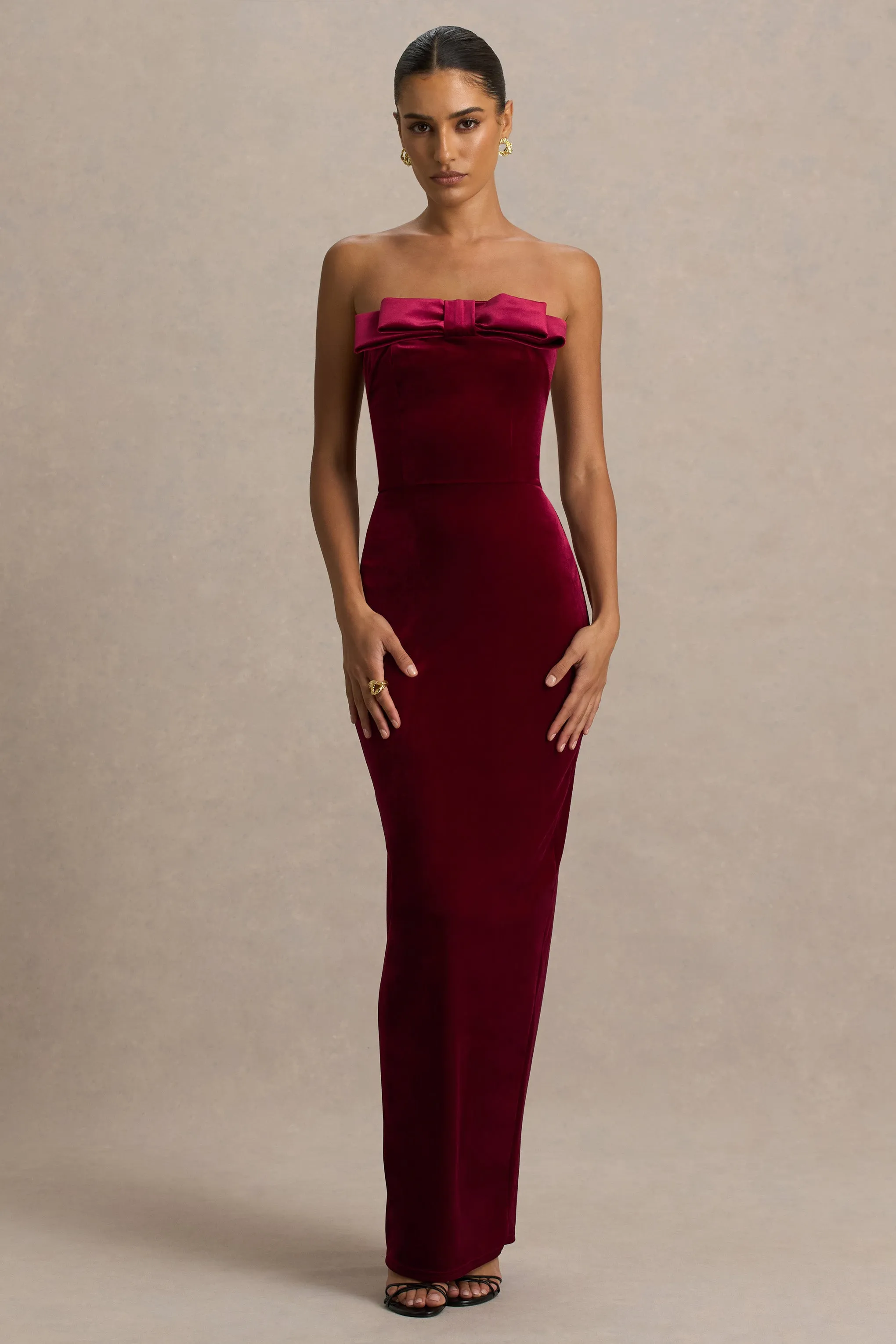 Illusion | Burgundy Velvet Bandeau Maxi Dress With Bow Detail sold by Club L London