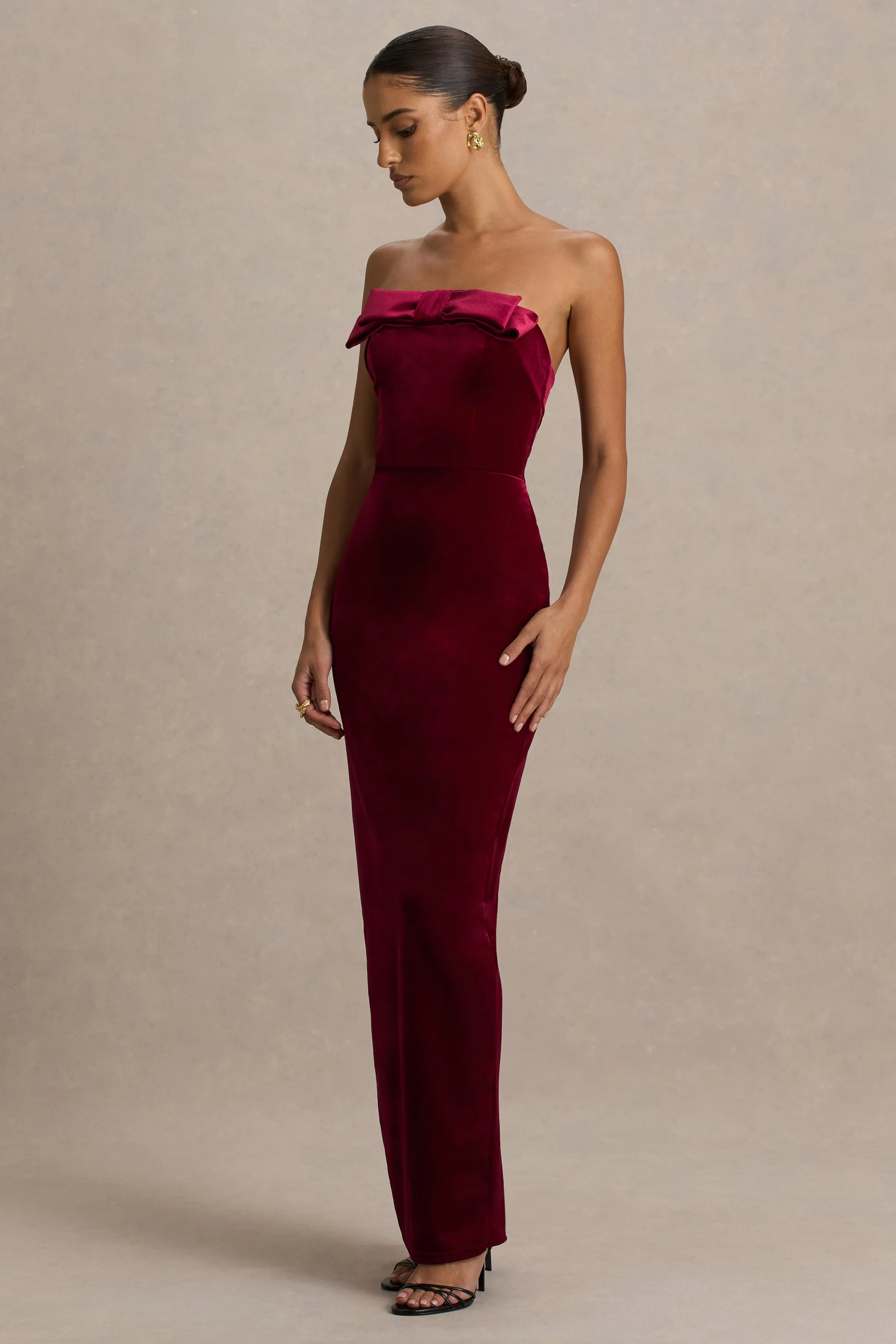 Illusion | Burgundy Velvet Bandeau Maxi Dress With Bow Detail sold by Club L London product image thumbnail 5