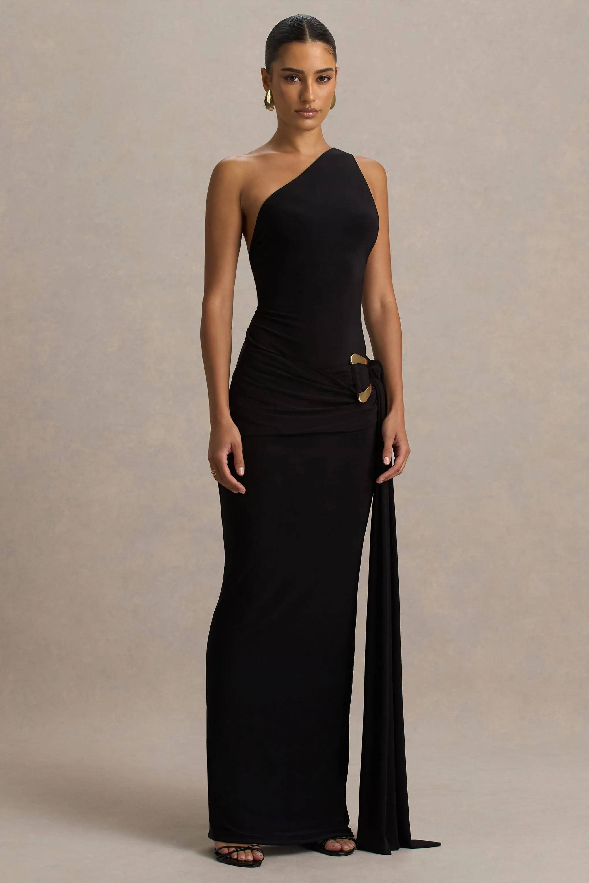 Bonnie | Black Asymmetric-Neck Maxi Dress With Ruched-Detailing sold by Club L London product image thumbnail 4