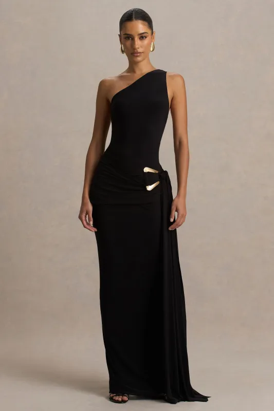 Bonnie | Black Asymmetric-Neck Maxi Dress With Ruched-Detailing sold by Club L London