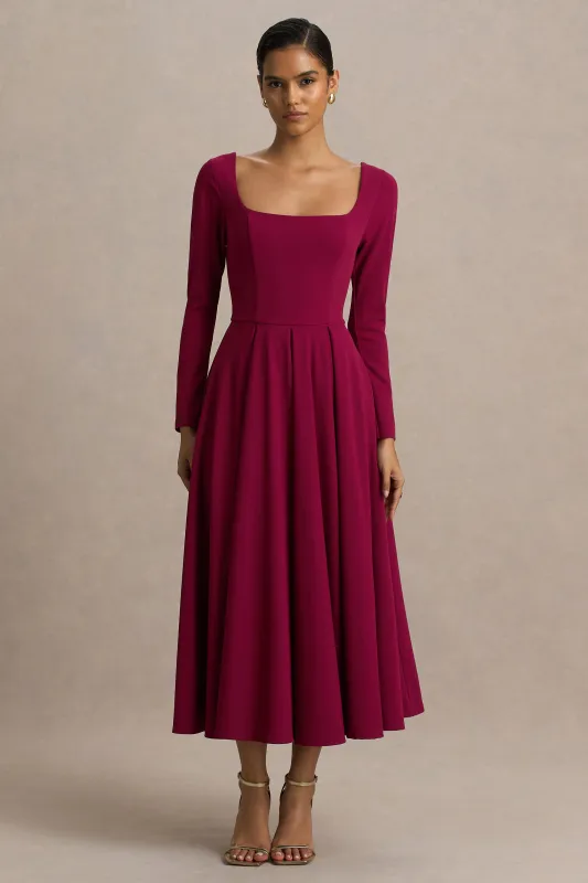 Alison | Burgundy Square-Neck A-Line Midi Dress sold by Club L London